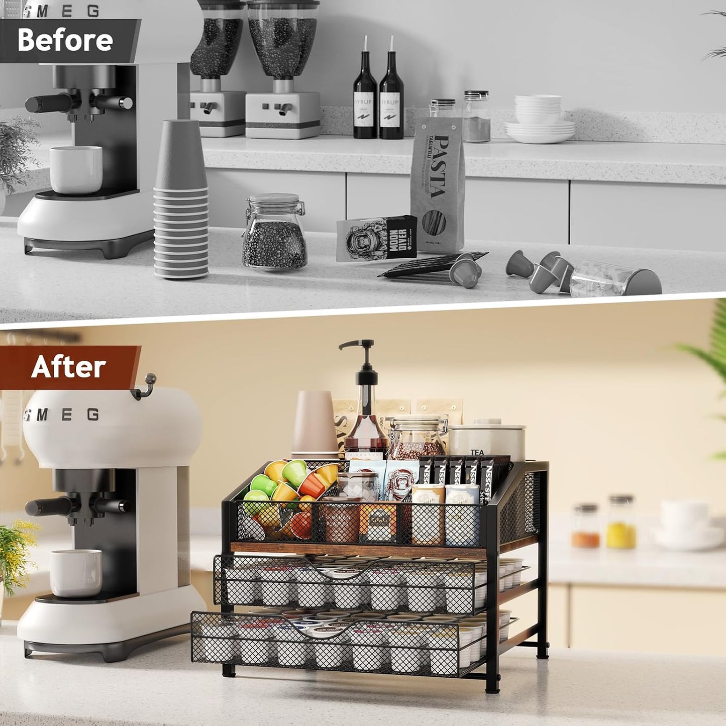 Coffee Bar Organizer - Coffee Station for Countertop, Metal and Wood K Cup holder Storage Basket for Coffee Pods