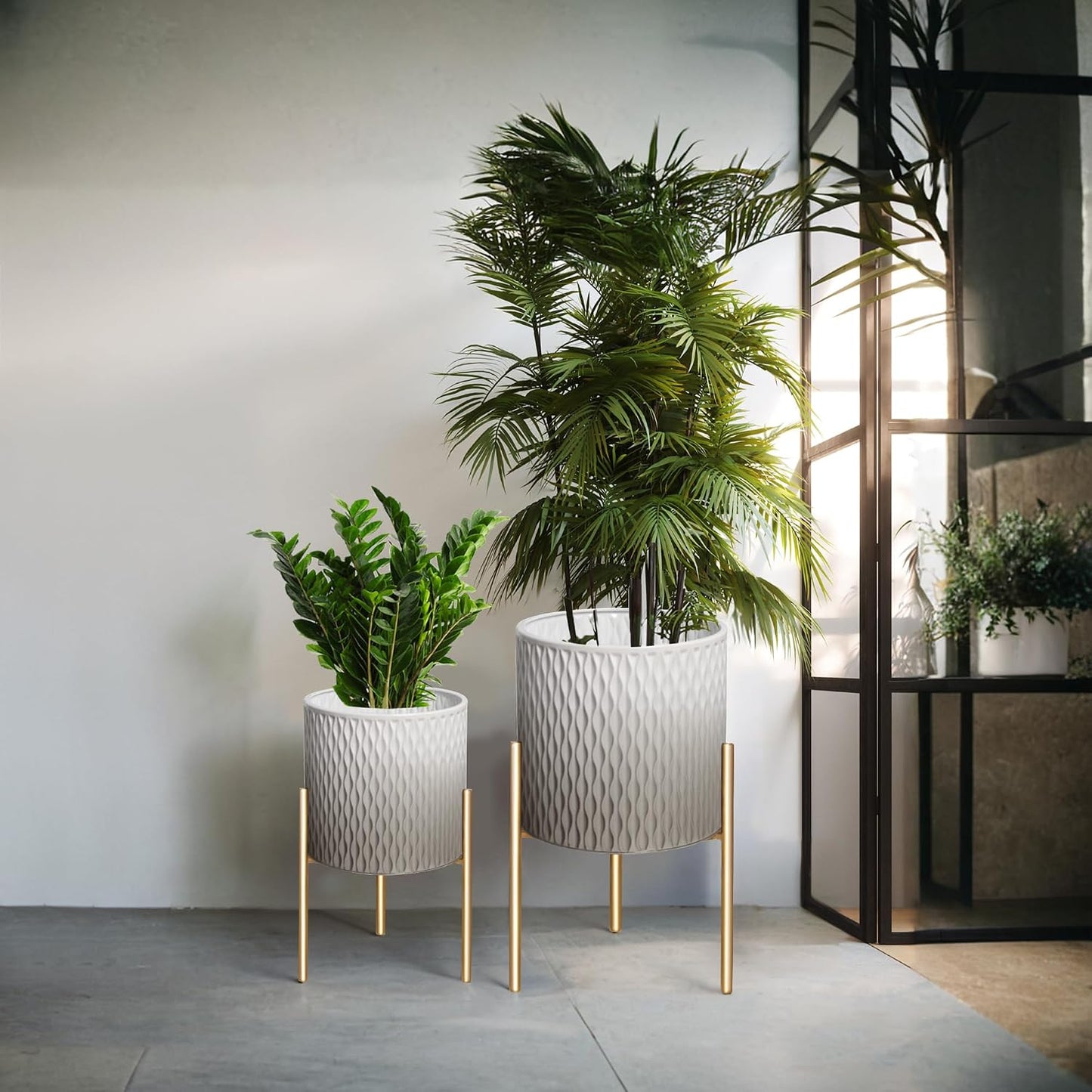 ARNIS Plants Pots with Stand,Set of 2 Flower Pots, Unique Mid Century Decorative Metal Flower Pots with