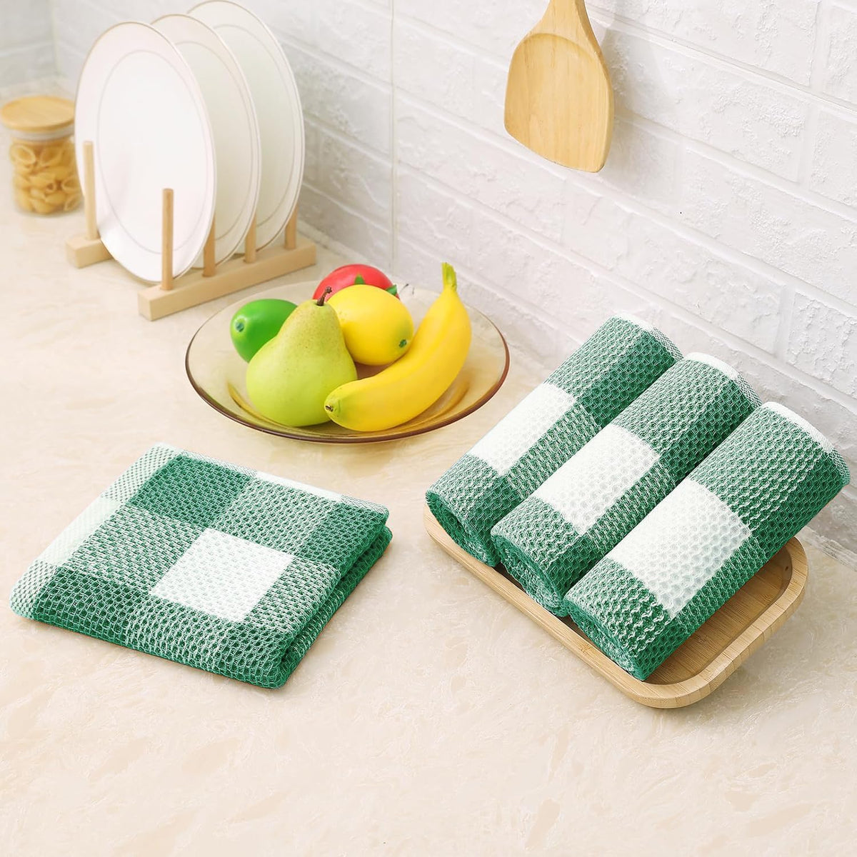 Homaxy Kitchen Towels and Dishcloths Set, Set of 12, White & Dark Green | Bulk Cotton Waffle Weave Check Plaid Kitchen