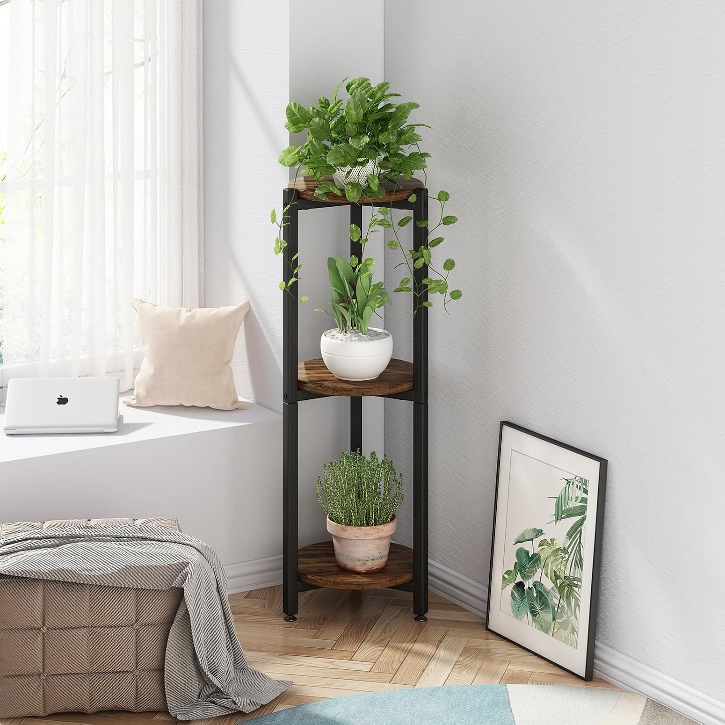 3 Tier Plant Stand Indoor Corner Tall Round Shape Plant Shelf | Modern Metal MDF board Flower Storage,Suitable tight