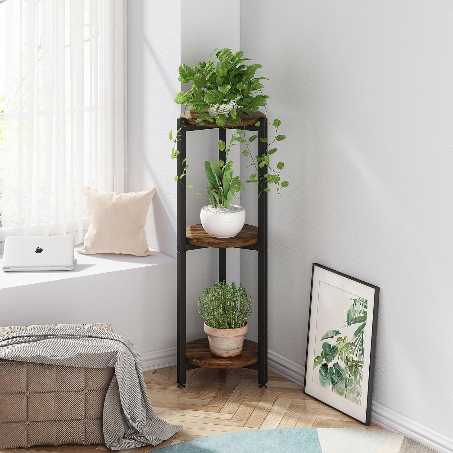 3 Tier Plant Stand Indoor Corner Tall Round Shape Plant Shelf | Modern Metal MDF board Flower Storage,Suitable tight