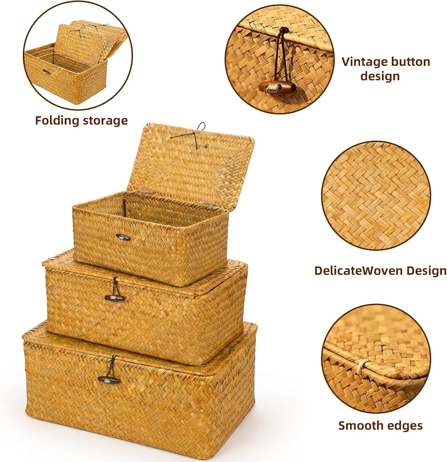 Compact Handwoven Seagrass Storage Bins Rectangular Wicker Basket / Set of 3