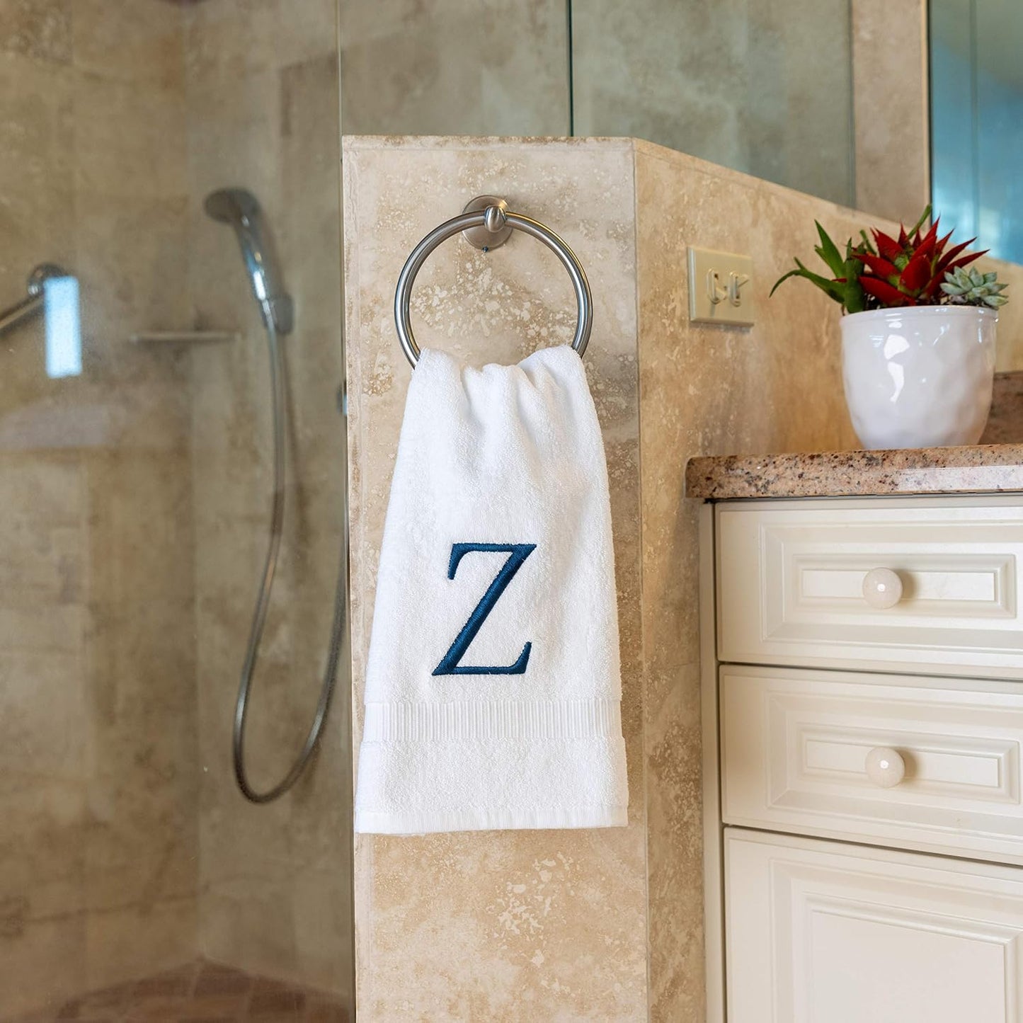 White with Navy Monogrammed Hand Towels for Bathroom - Set of 2 Letter Z | Luxury Hotel Quality Initial Towels For