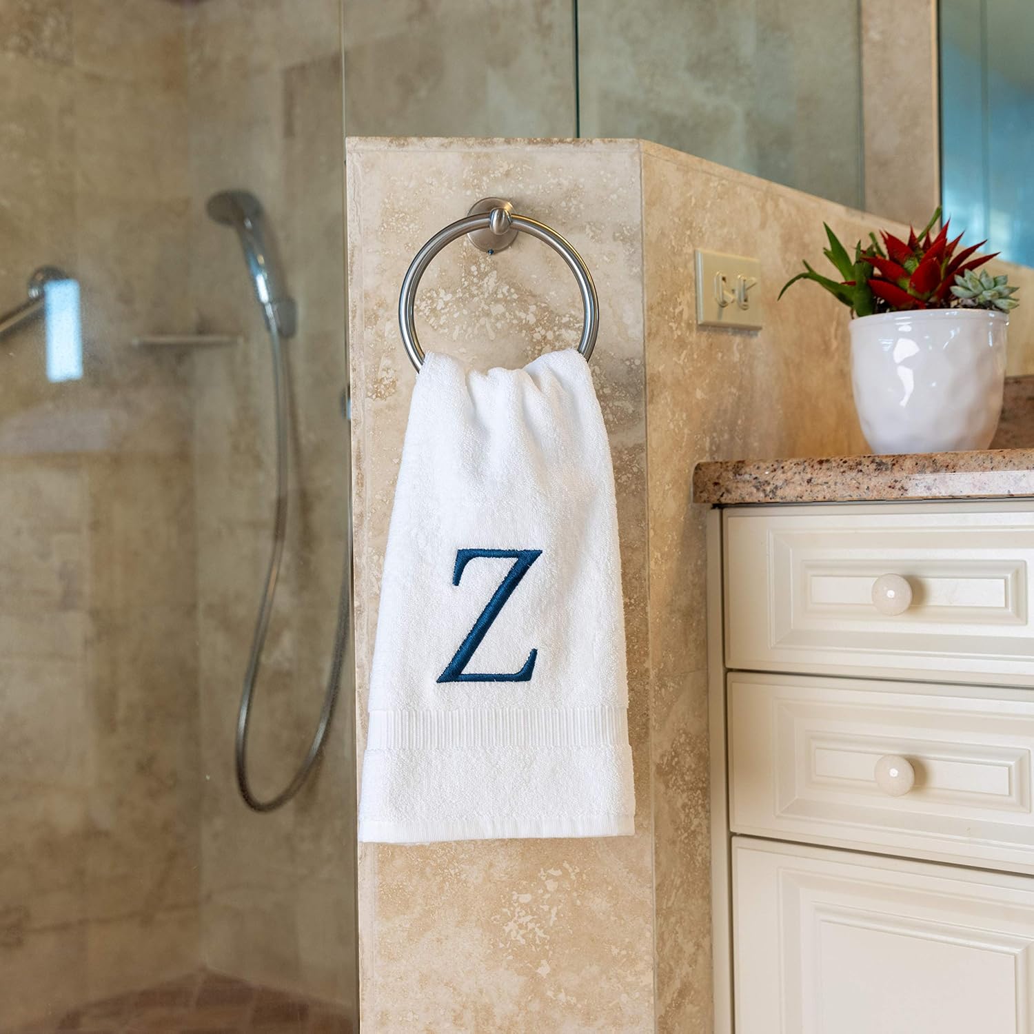 White with Navy Monogrammed Hand Towels for Bathroom - Set of 2 Letter Z | Luxury Hotel Quality Initial Towels For