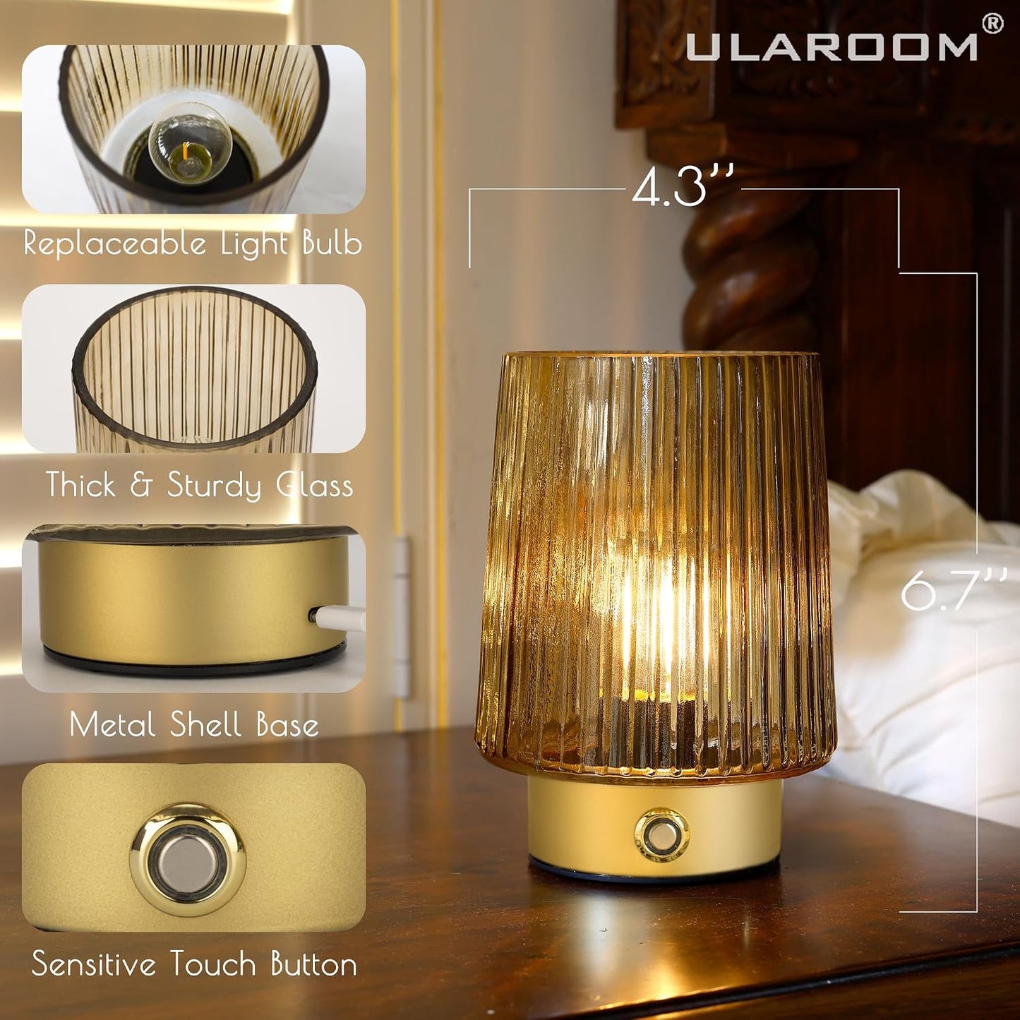 ULAROOM Cordless Lamp Rechargeable Battery Operated lamp, Glass Small Table lamp - Portable Dimmable Brightness Touch