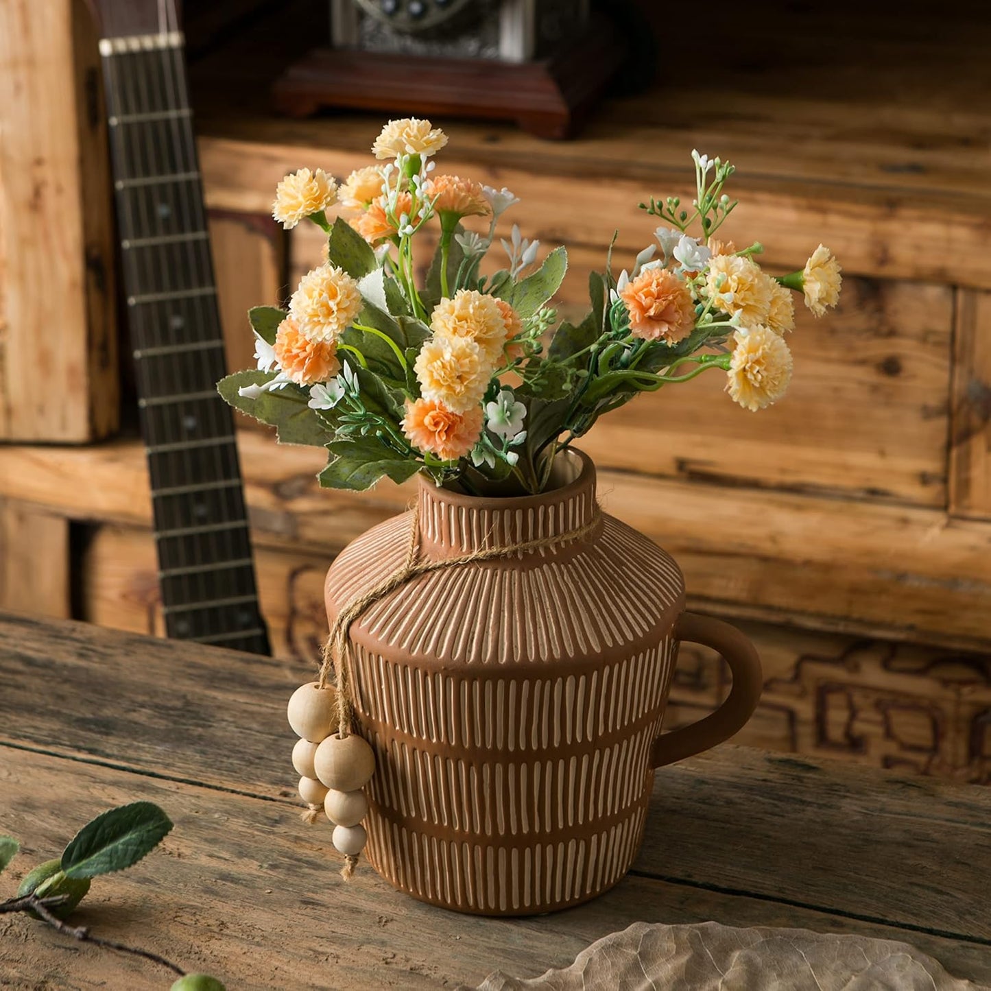 Rustic Farmhouse Vase / Yellow - Wooden Beads