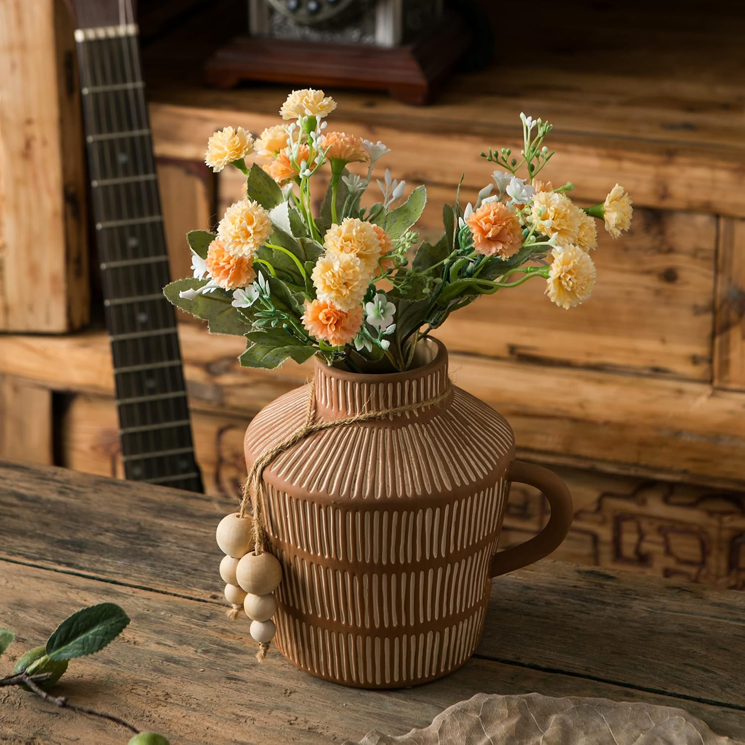 Rustic Farmhouse Vase / Yellow - Wooden Beads