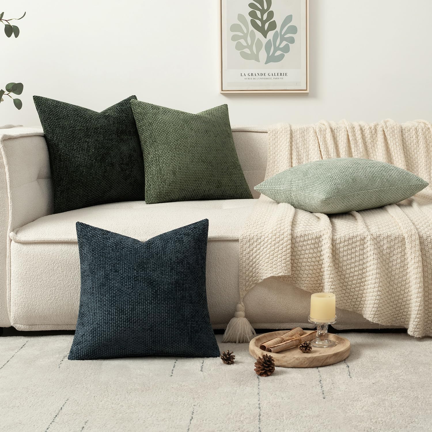 Couch Throw Pillow Covers Soft Decorative Chenille Pillow Covers / 18 x 18 / Green Forest / Set of 4