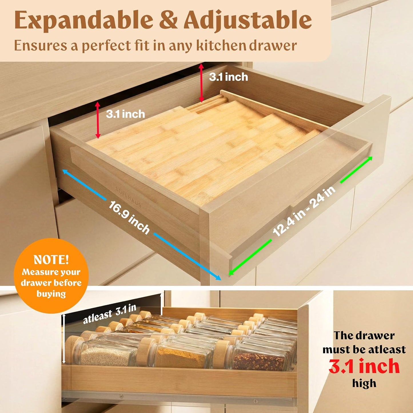 Bamboo Spice Drawer Organizer - Expandable 4 Tier Spice Rack (Need 3" Deep Drawer) 12" to 24" Wide, Seasoning