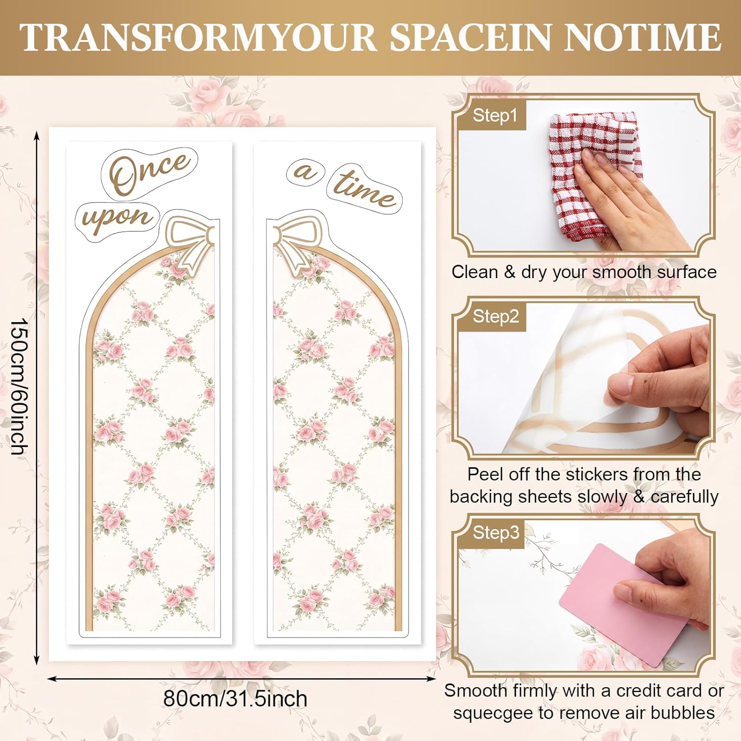 Flower Arch Wall Decals Bow Floral Stickers Nursery Wallpaper Once Upon a Time Sign / Pink / 60 x 35