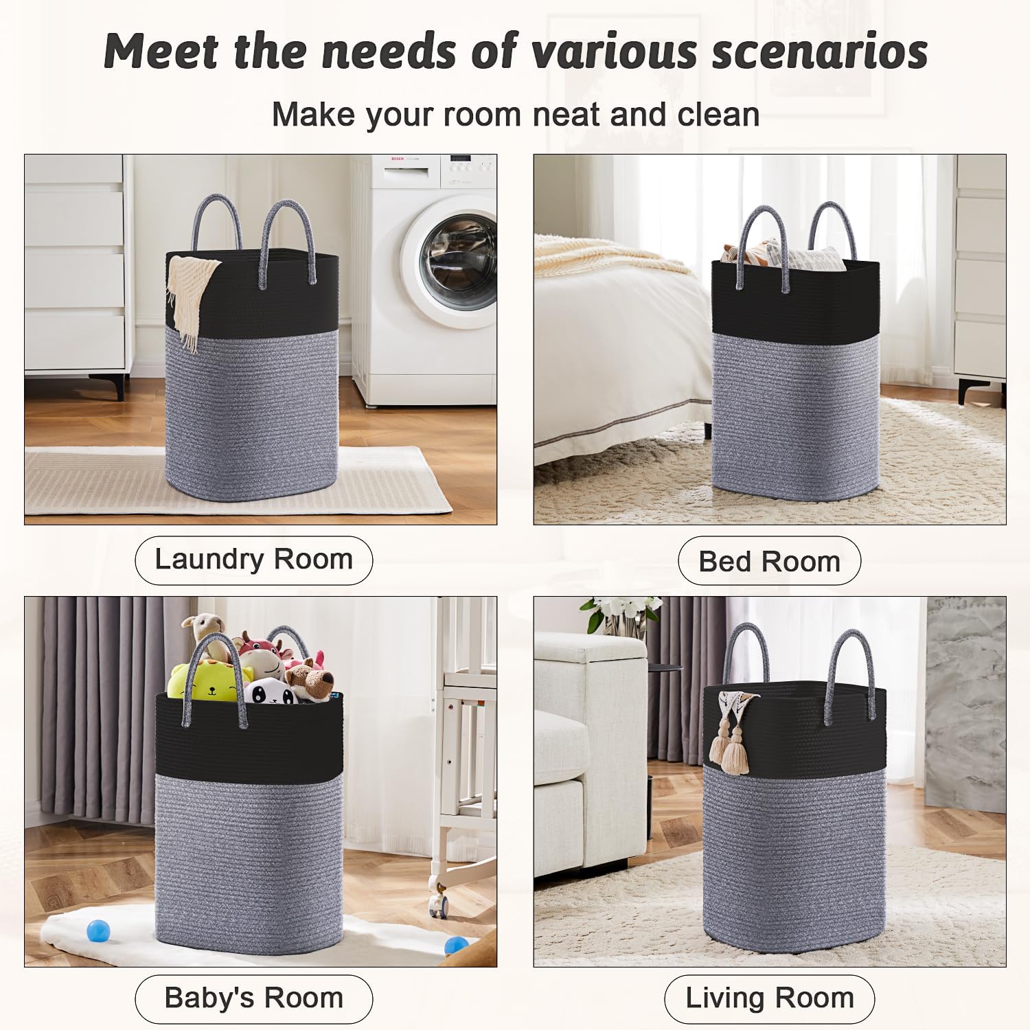 Laundry Basket / Woven Cotton Rope Laundry Hamper / 60L / Black