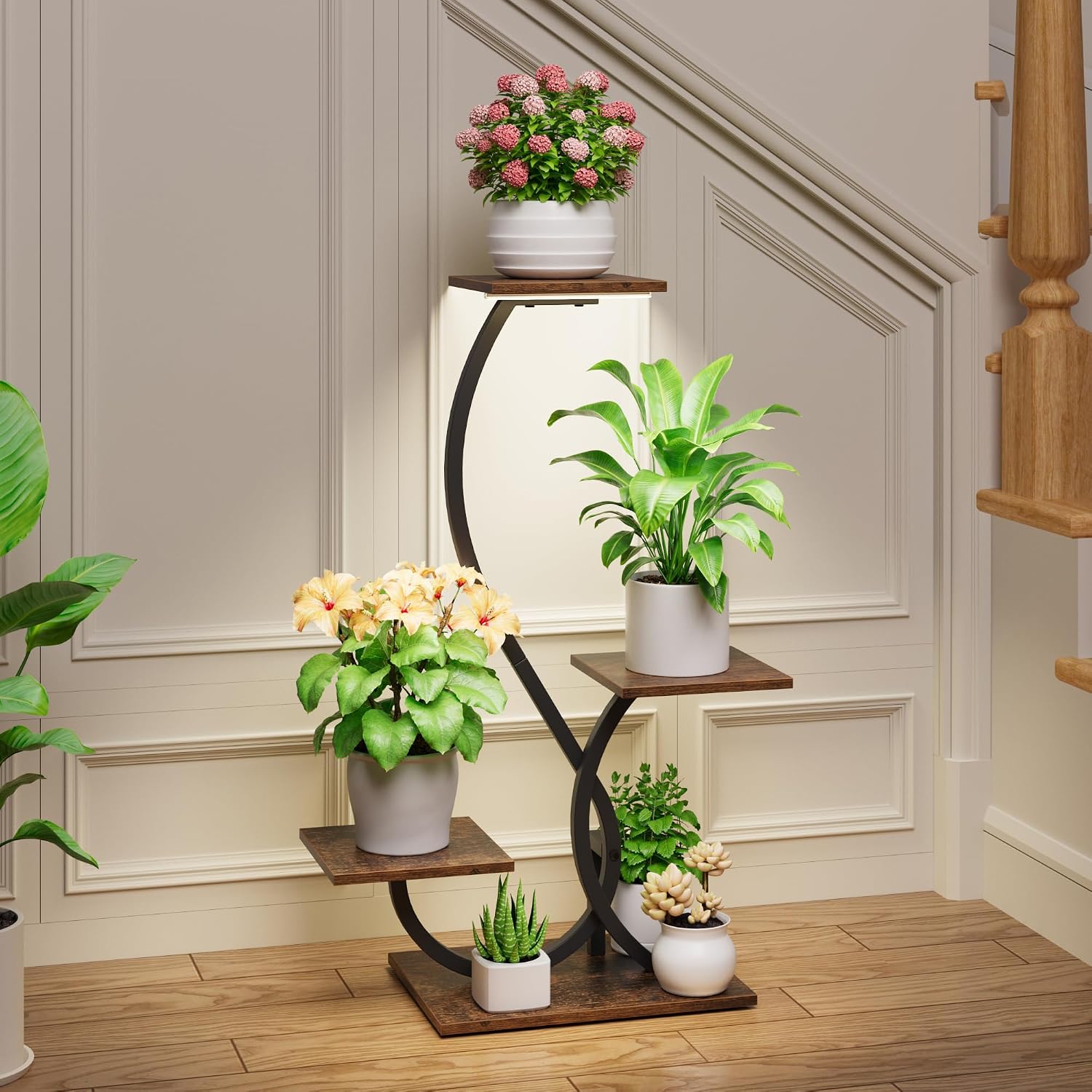 BACEKOLL Plant Stand with Grow Lights 4 Tier Metal Indoor Plant Shelf 32" | S-Shaped Corner Plant Stands Indoor, Grow