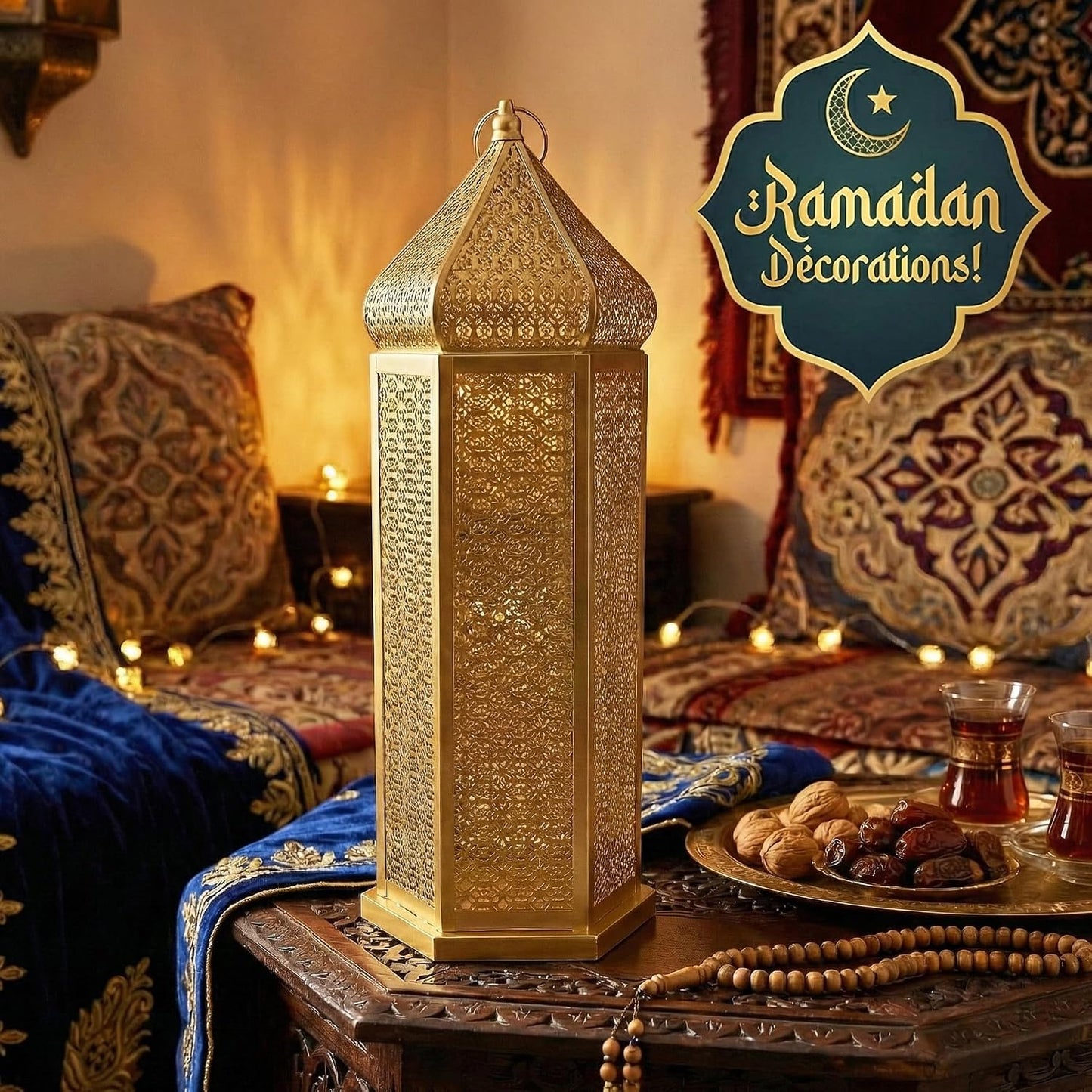 Vela Lanterns Decorative Indoor Gold Moroccan Floor Lantern, Extra Large | Big Moroccan Candle Holder Lamp, Golden