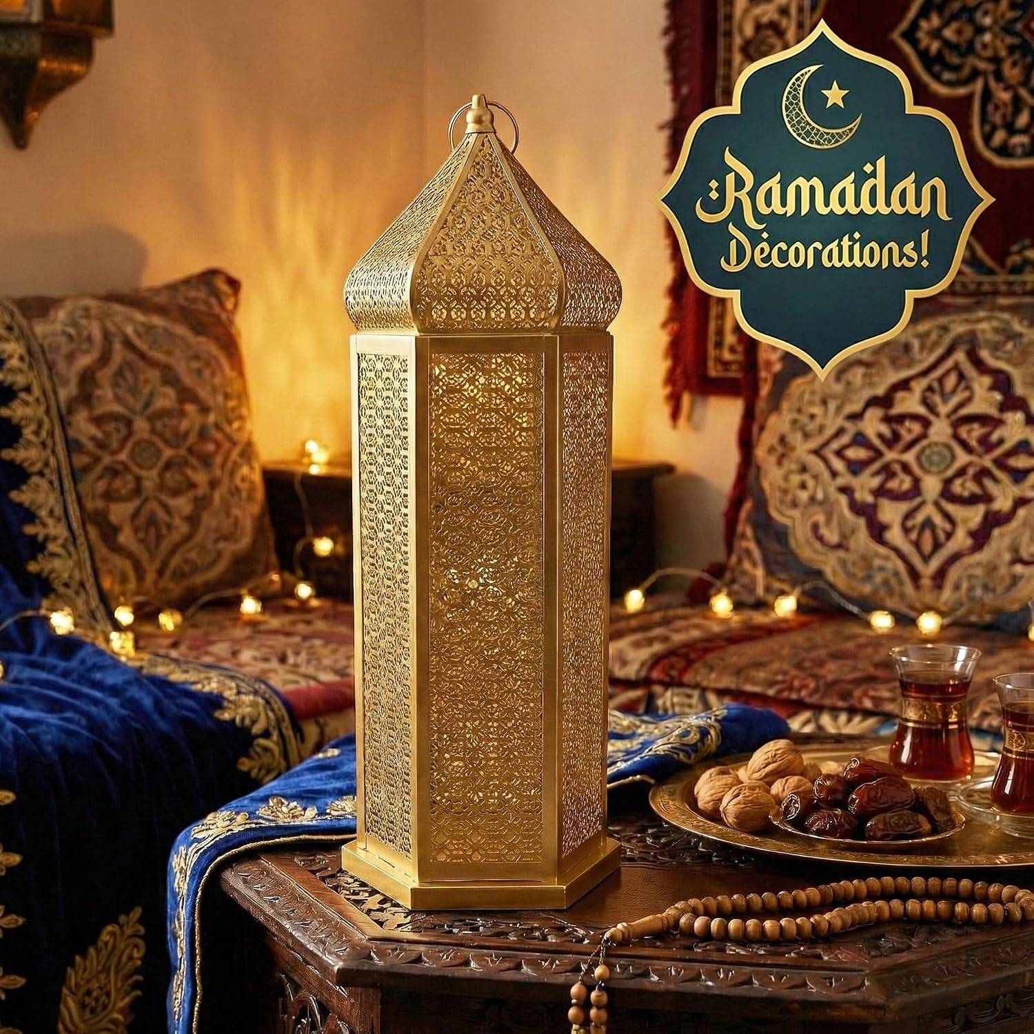 Vela Lanterns Decorative Indoor Gold Moroccan Floor Lantern, Extra Large | Big Moroccan Candle Holder Lamp, Golden