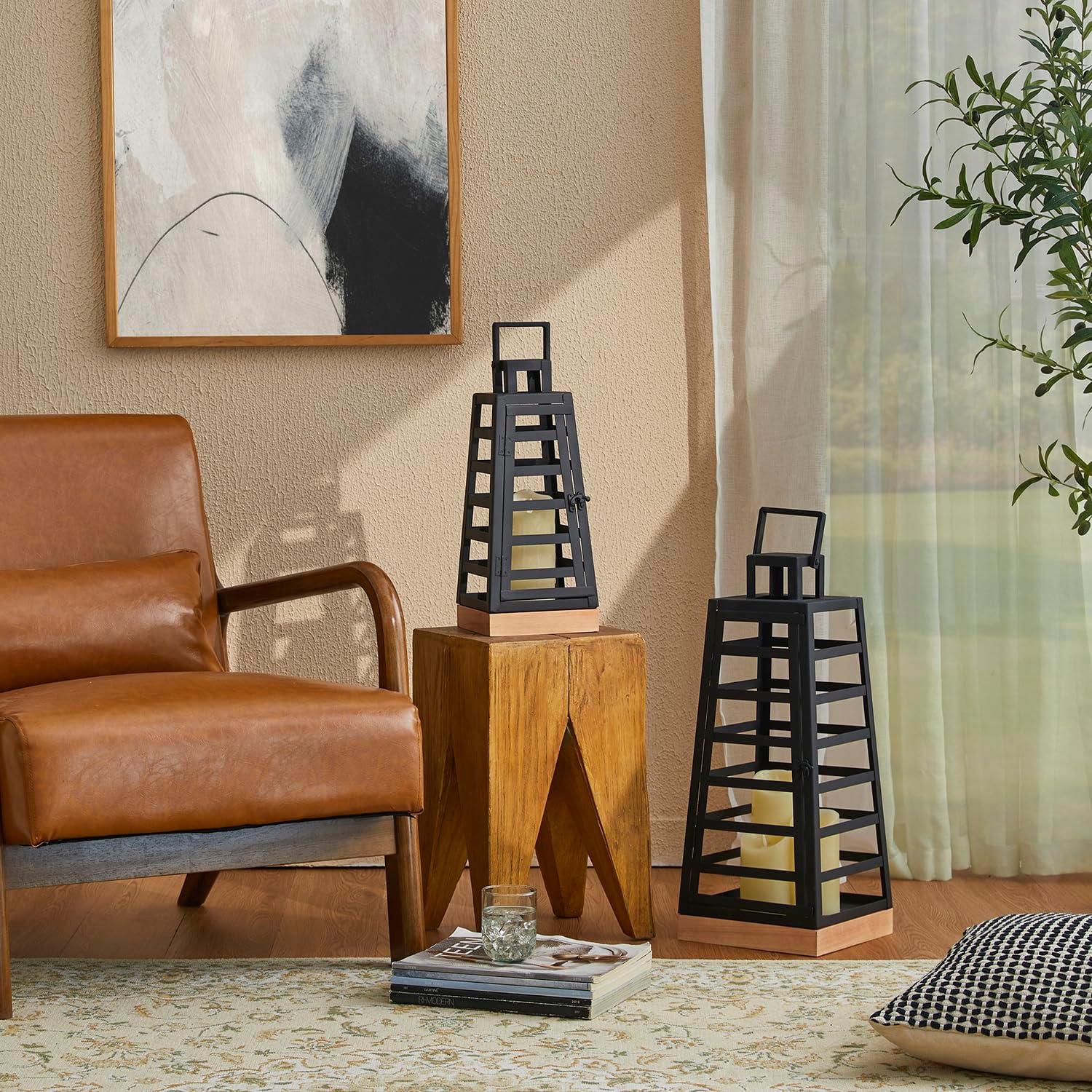 Glitzhome Set of 2 Modern Trapezoid Metal/Wood Hanging Lanterns, Decorative Candle Holder Lanterns for Outdoor & Indoor