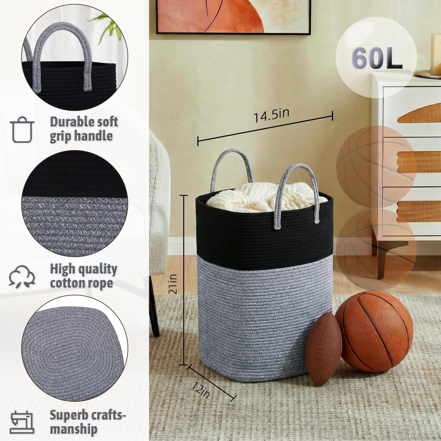 Laundry Basket / Woven Cotton Rope Laundry Hamper / 60L / Black