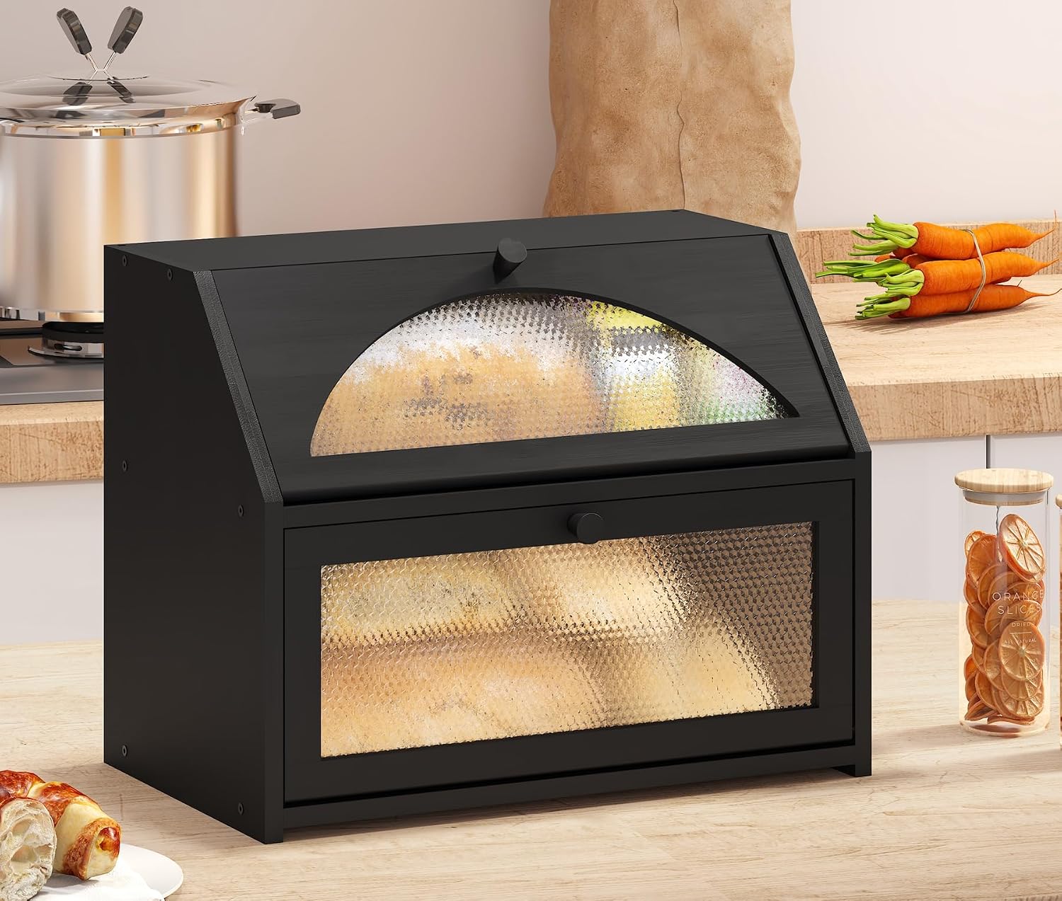 Bread Box, Bamboo Wood Bread Box for Kitchen Counter, Double-layer Bread Storage Bin, Acrylic glass with Diamond