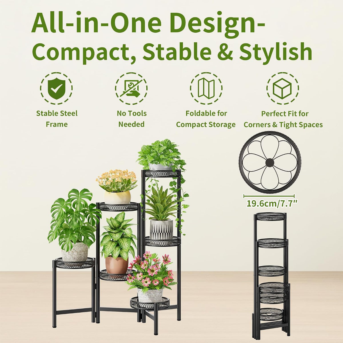 6 Tier Large Plant Stand Indoor with 7.9-Inch Wide Drainage Tray, Tiered Corner Metal Outdoor Flower Display Holder