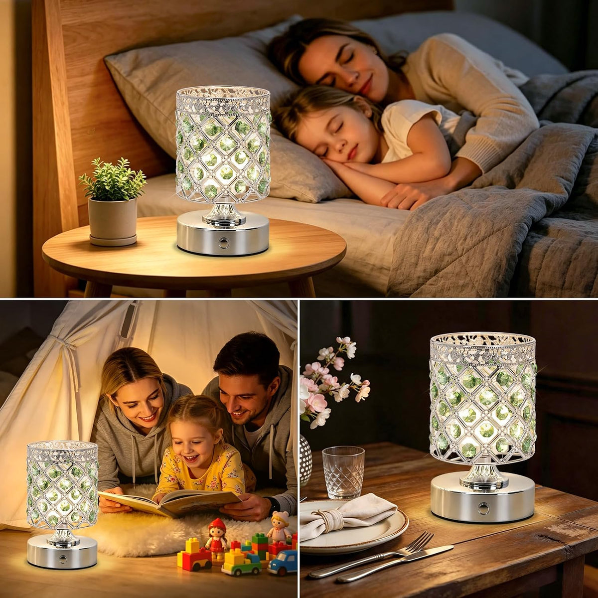 Green Crystal Rechargeable Cordless Table Lamp, Touch Small Desk Lamp | 6000mAh Battery, 3 Color Temps, Stepless