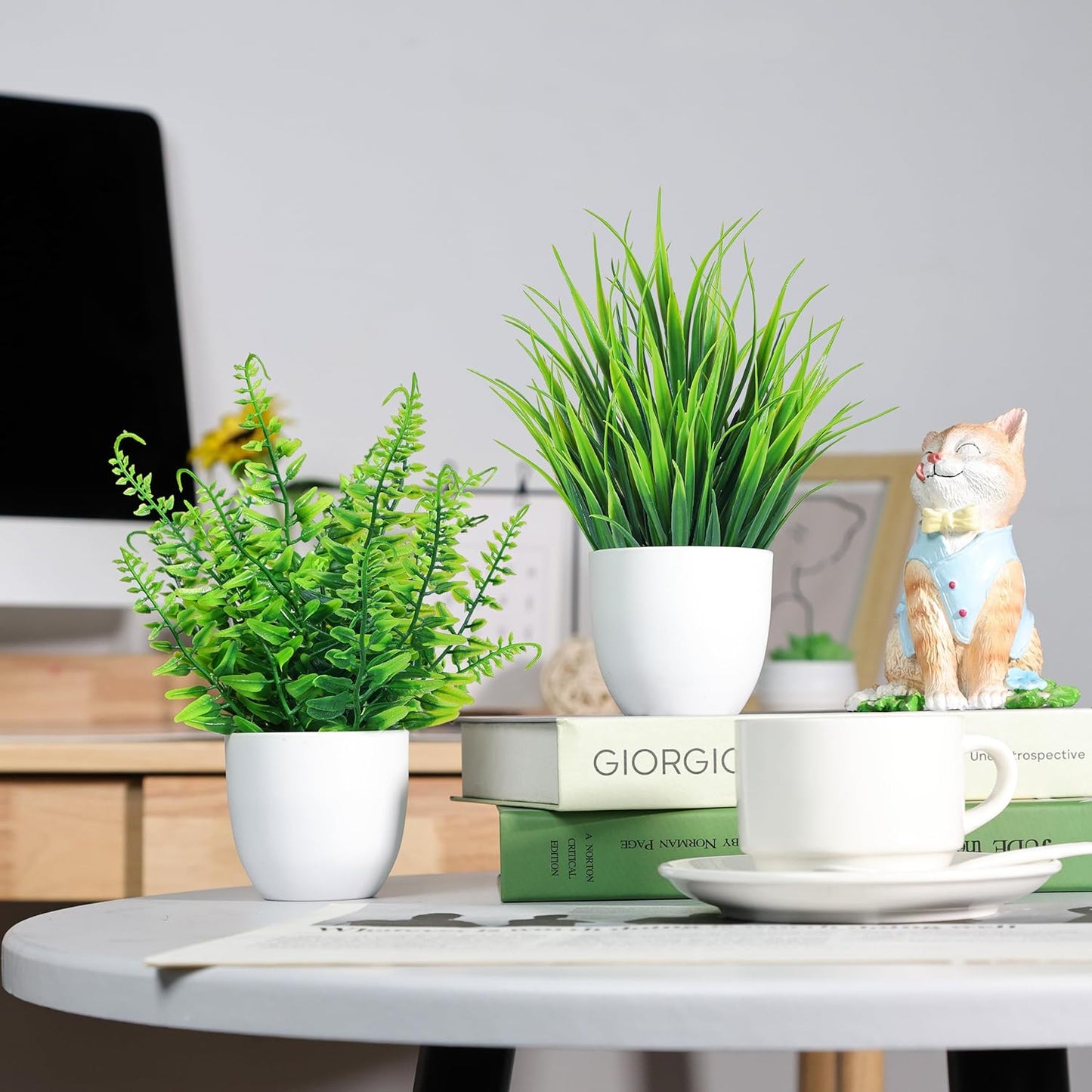 Fake Plants Small Artificial Plants in Pots Faux Plants Indoor / White / Set of 4
