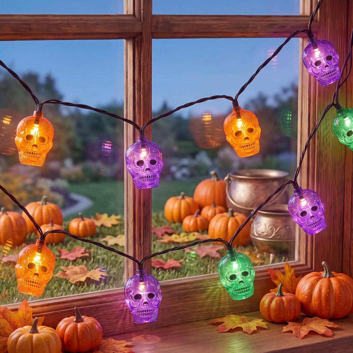 8.5Ft Outdoor Halloween Skull String Lights, 10 Plug in Ghost Head Lights