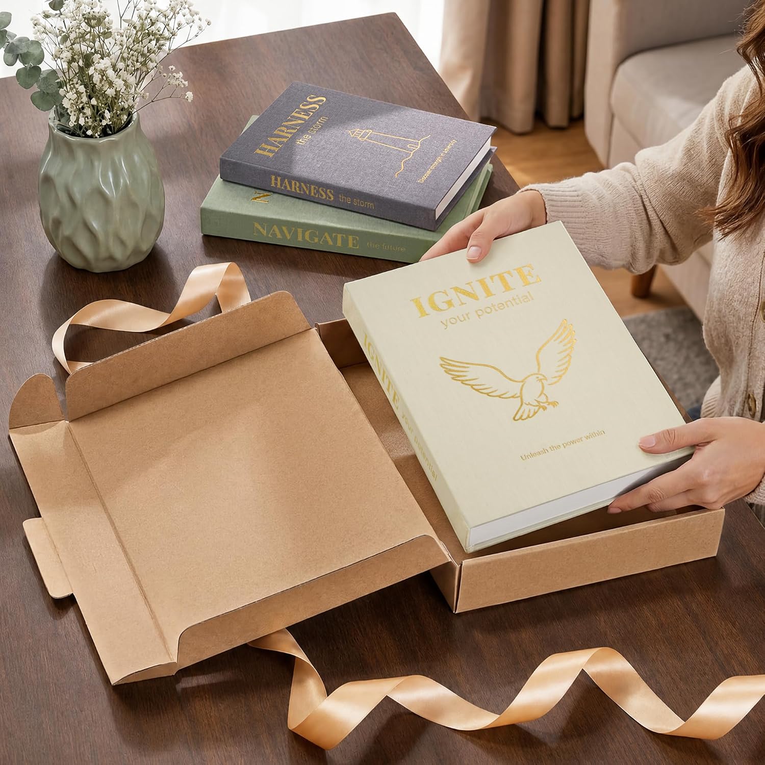 Faux Books / Linen Fake Book Box / Minimalist Begie-green-grey / Set of 3