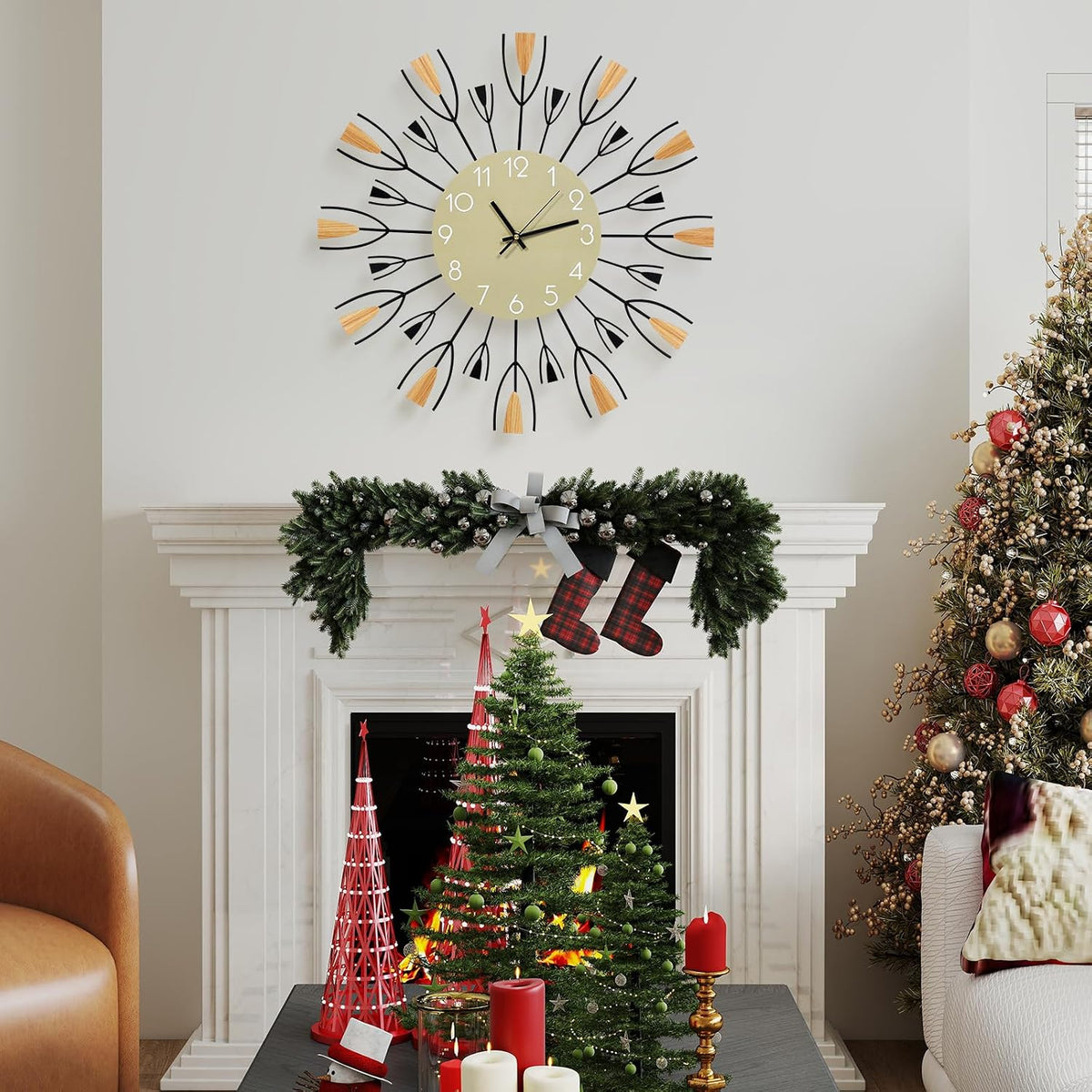 24 Inch Large Modern Mid Century Sunburst Wall Clock | Decorative Silent Non-Ticking Battery Operated Metal Analog