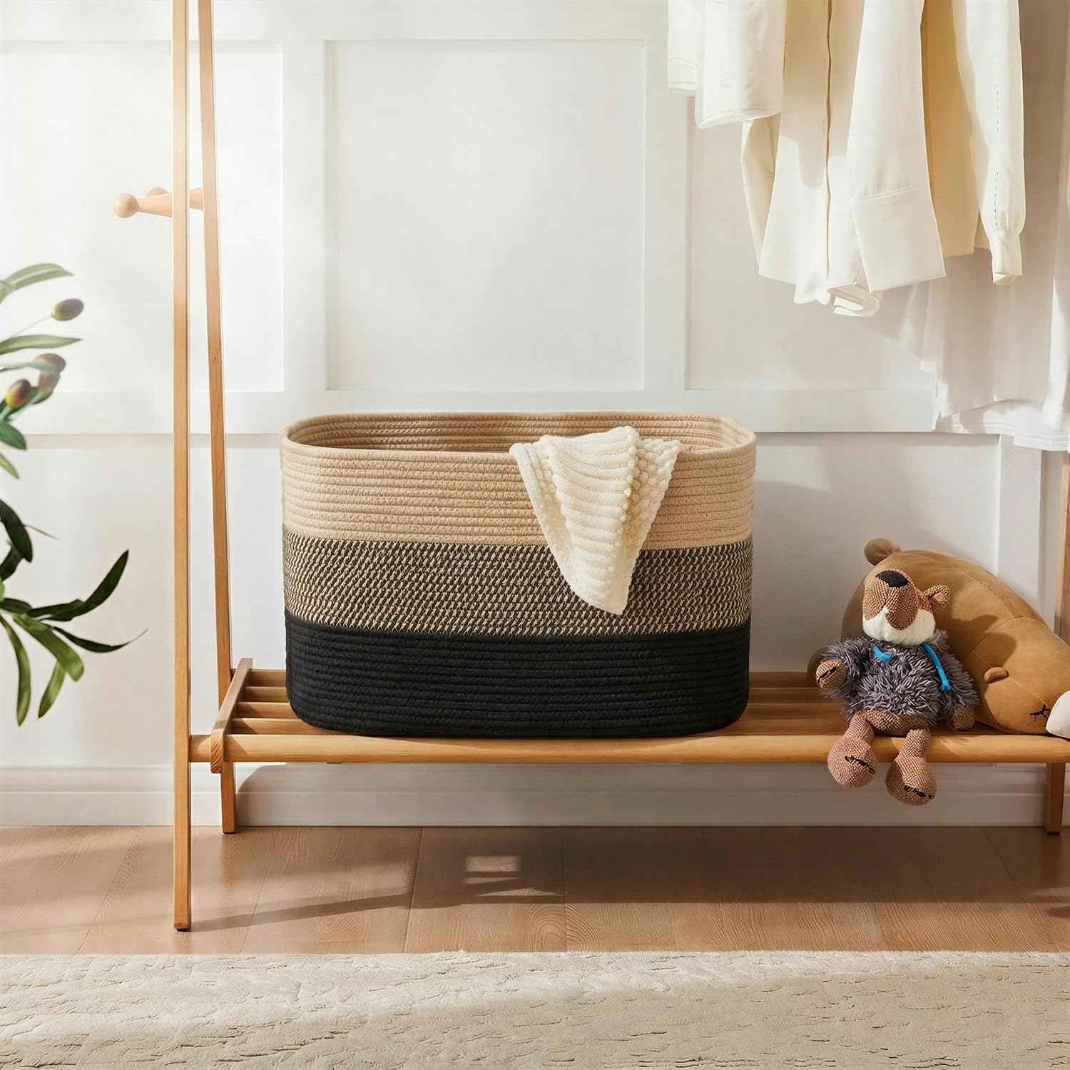 Rectangle Woven Baskets for Storage / Black&jute / 65L