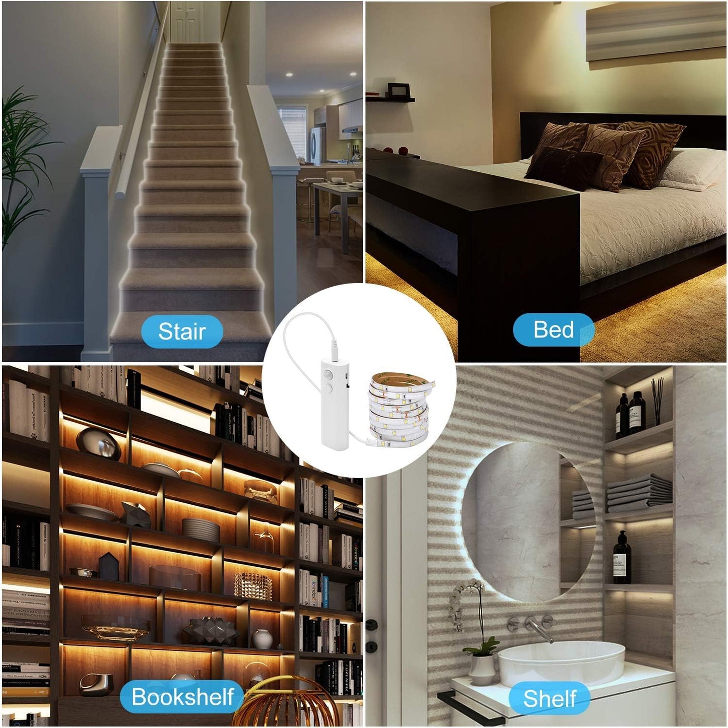 Rechargeable Motion Sensor LED Strip for Cabinet (2Pack-6.6FT, Cool White) | Motion Activated, 1500mAh Battery
