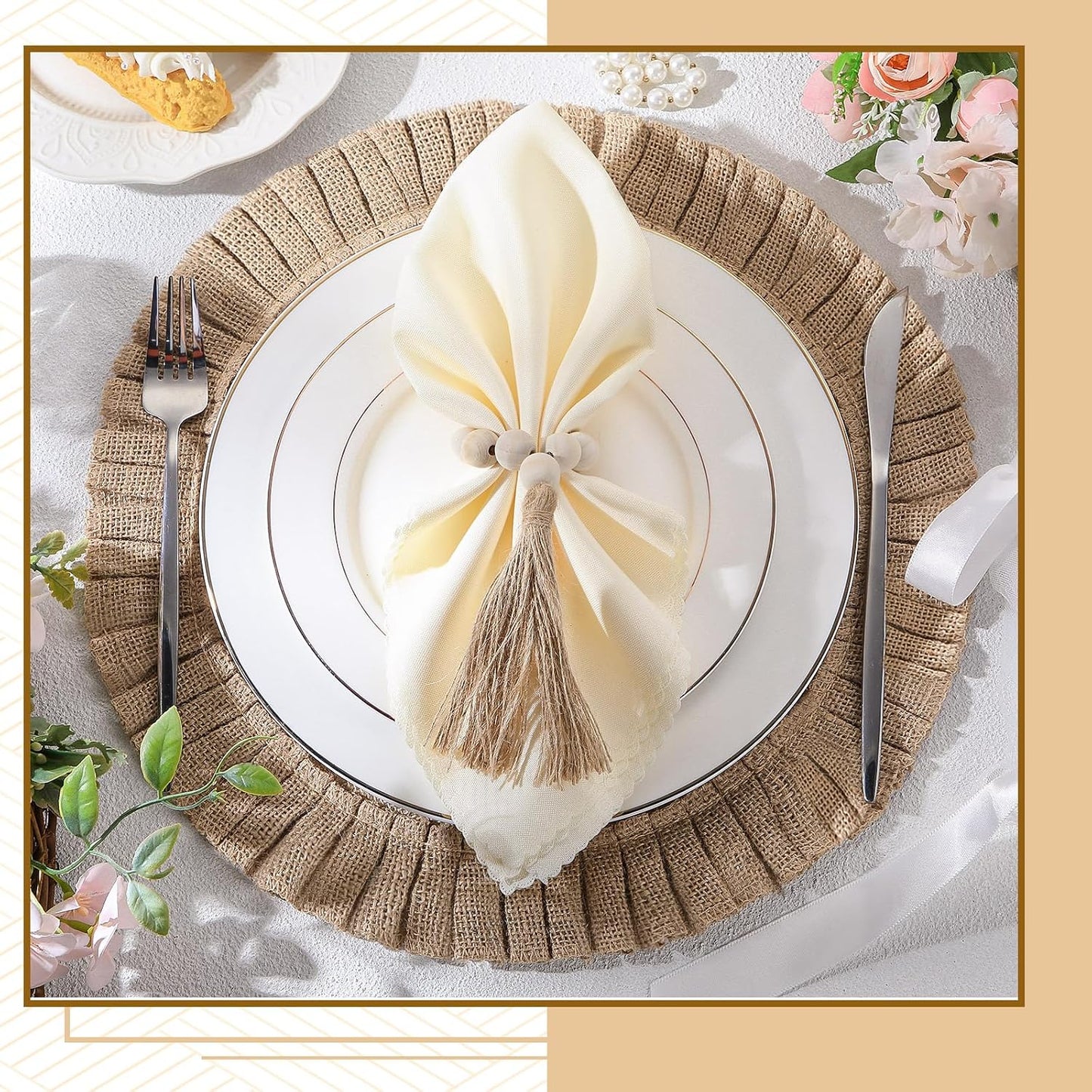 Gejoy 18 Pcs Burlap Placemat Wood Napkin Ring Dinner Napkin, Natural | Round Heat Resistant Jute Mats Wooden Bead