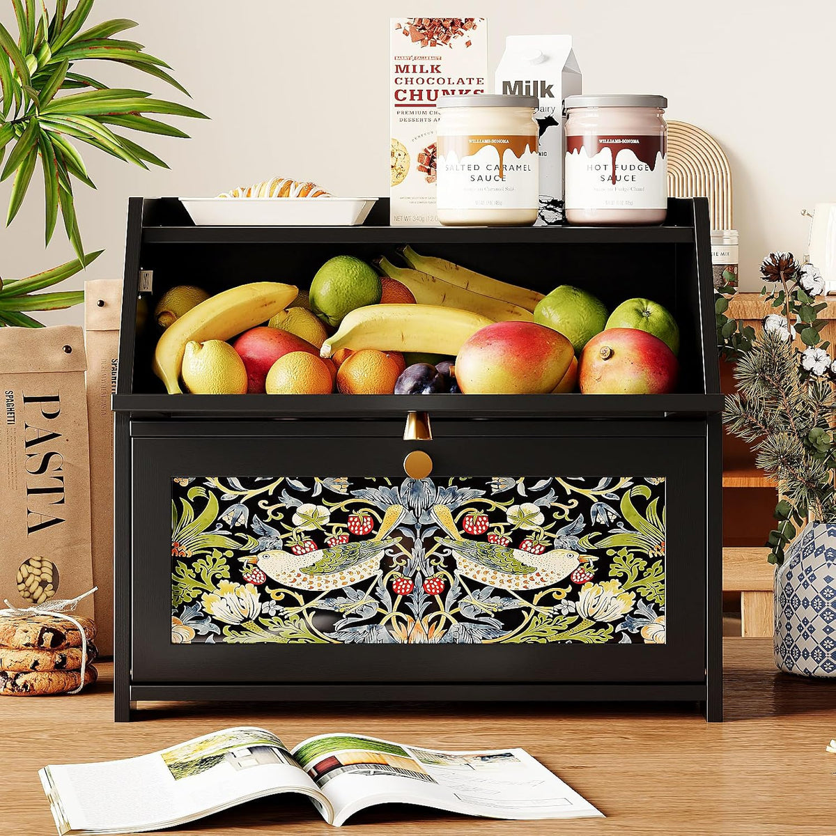 Trironsun Bamboo Bread Box for Kitchen Counter Black Bread Storage Container with Acrylic Door William Morris Flower