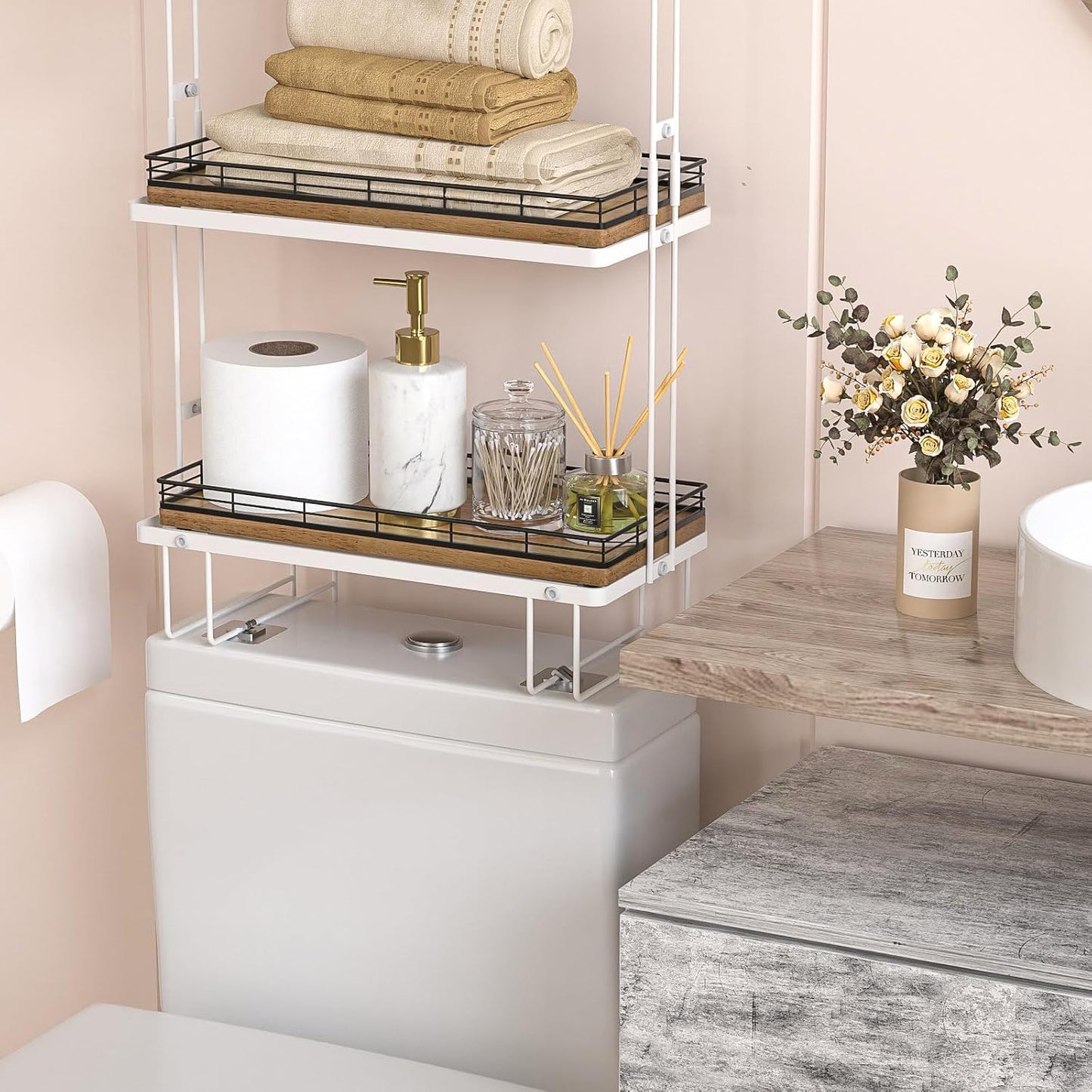 13" Wood Toilet Paper Storage Basket Tray Back of Toilet / Black & Farmhouse Brown / 13 x 6.5 x 1.5
