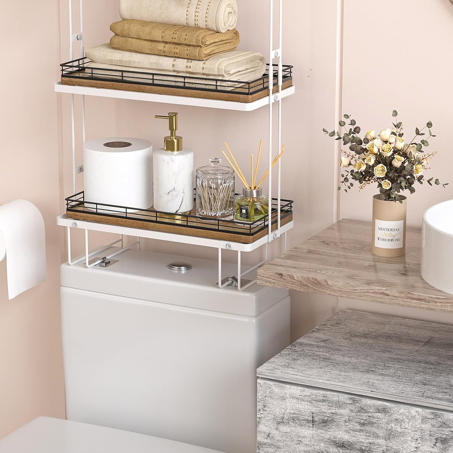 13" Wood Toilet Paper Storage Basket Tray Back of Toilet / Black & Farmhouse Brown / 13 x 6.5 x 1.5