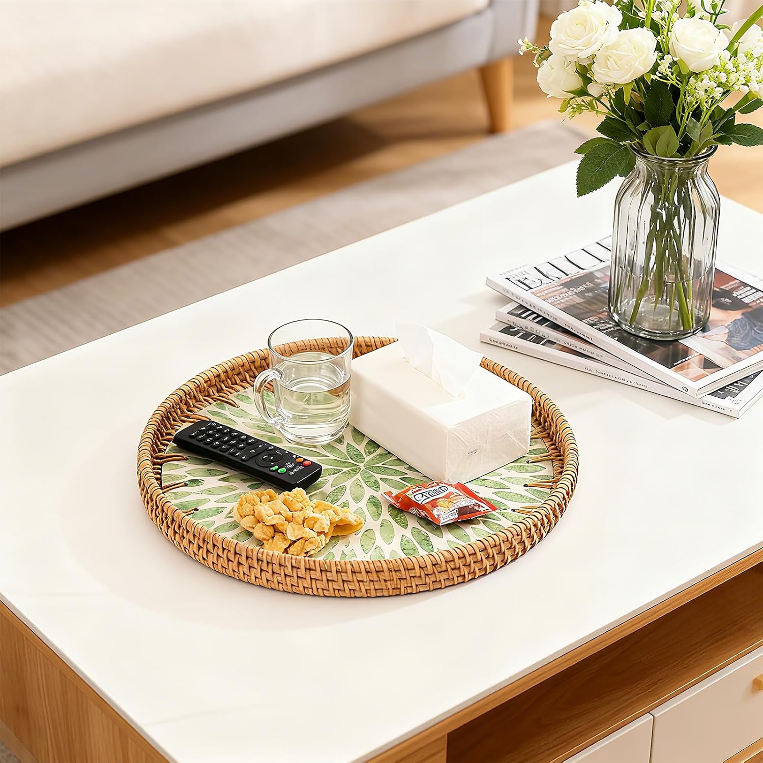 Round Rattan Tray / Green / 11.8