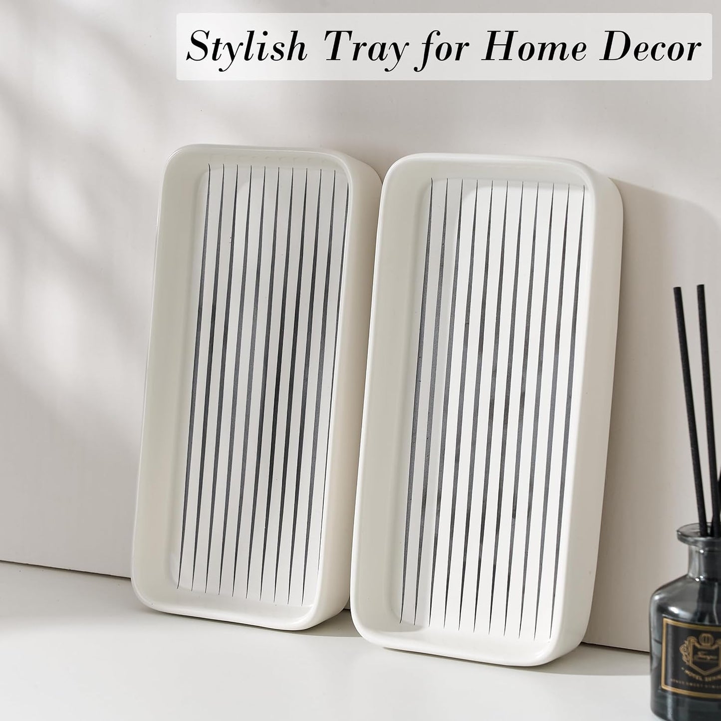 2PC Rectangle Striped Tray / White Color with Black Stripes / Set of 2