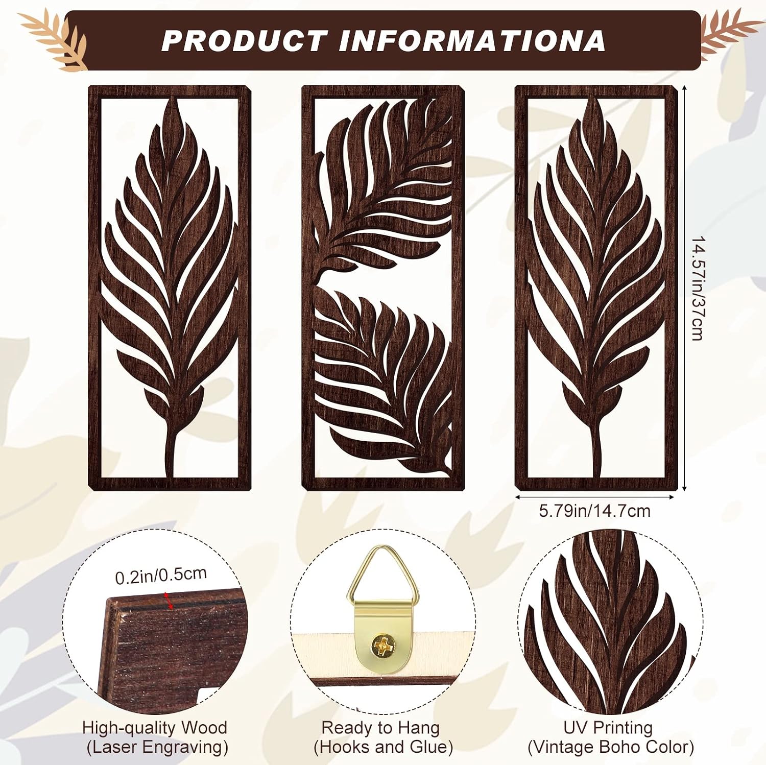 Palm Leaves Wooden Art Wall Decor Boho Wood Leaves Plant Wall / Brown / 14.57 x 5.79 / Set of 3