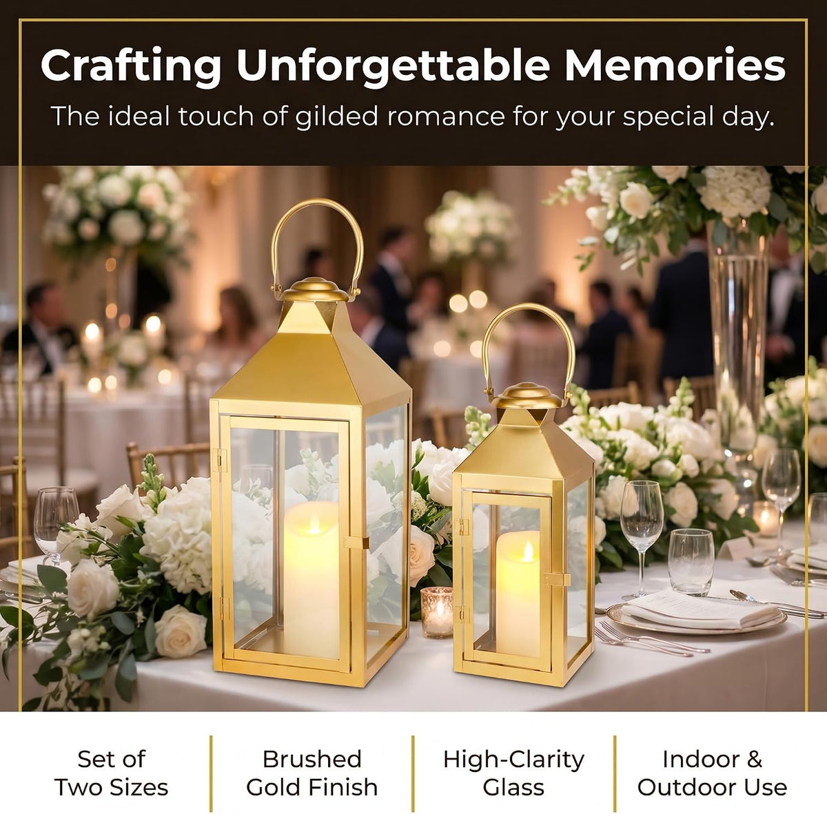 JHY DESIGN Set of 2 Gold Decorative Candle Lanterns 17.5"&13.5" H Metal Hanging Candle Holders for Indoor Outdoor Home