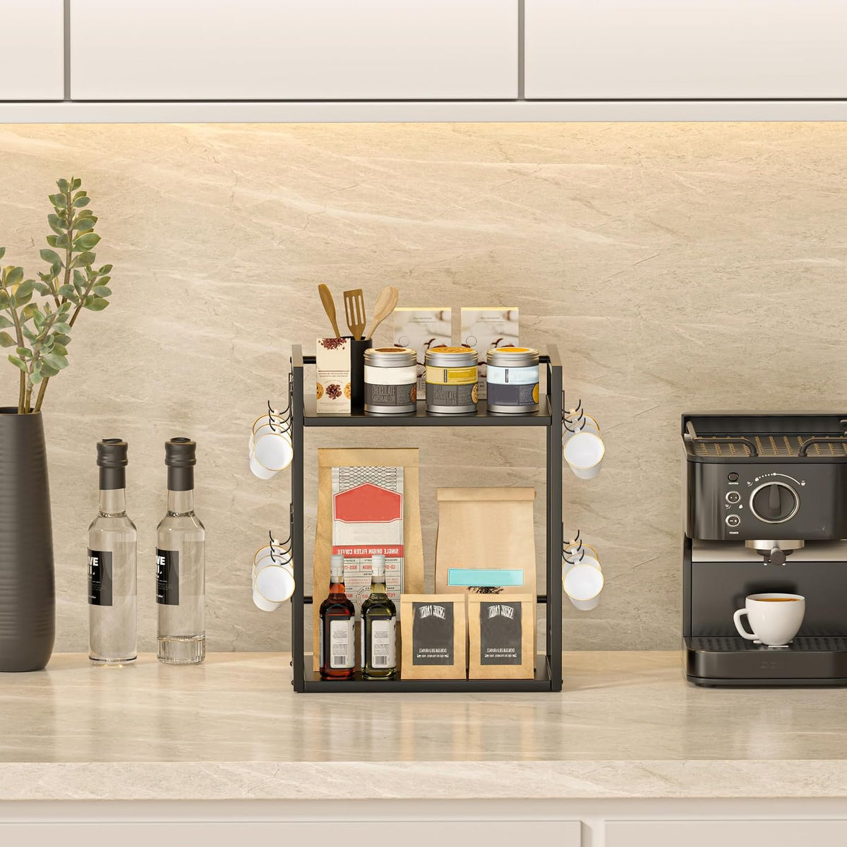 Dorhors Coffee Bar Organizer,Mug Holder,Station Organizer Kitchen Counter | 2 Tier Black Wood Coffee Bar Accessories
