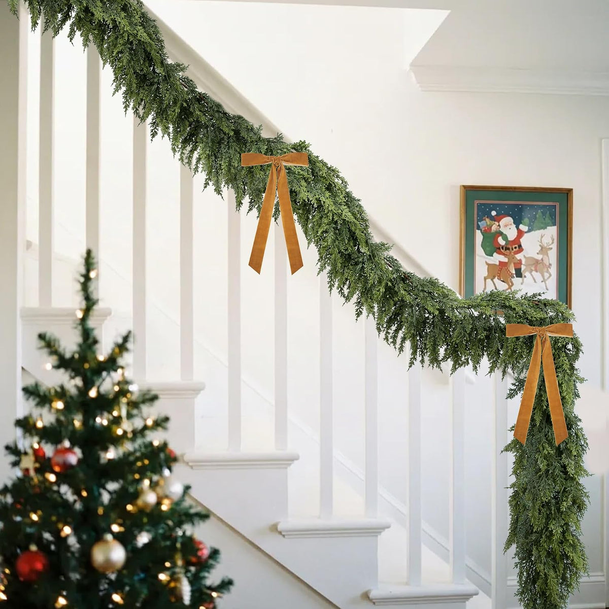 4 Pcs Double Color Christmas Norfolk Pine Garlands for Mantle Fireplace | 6 Ft Real Touch Artificial Cedar Garland