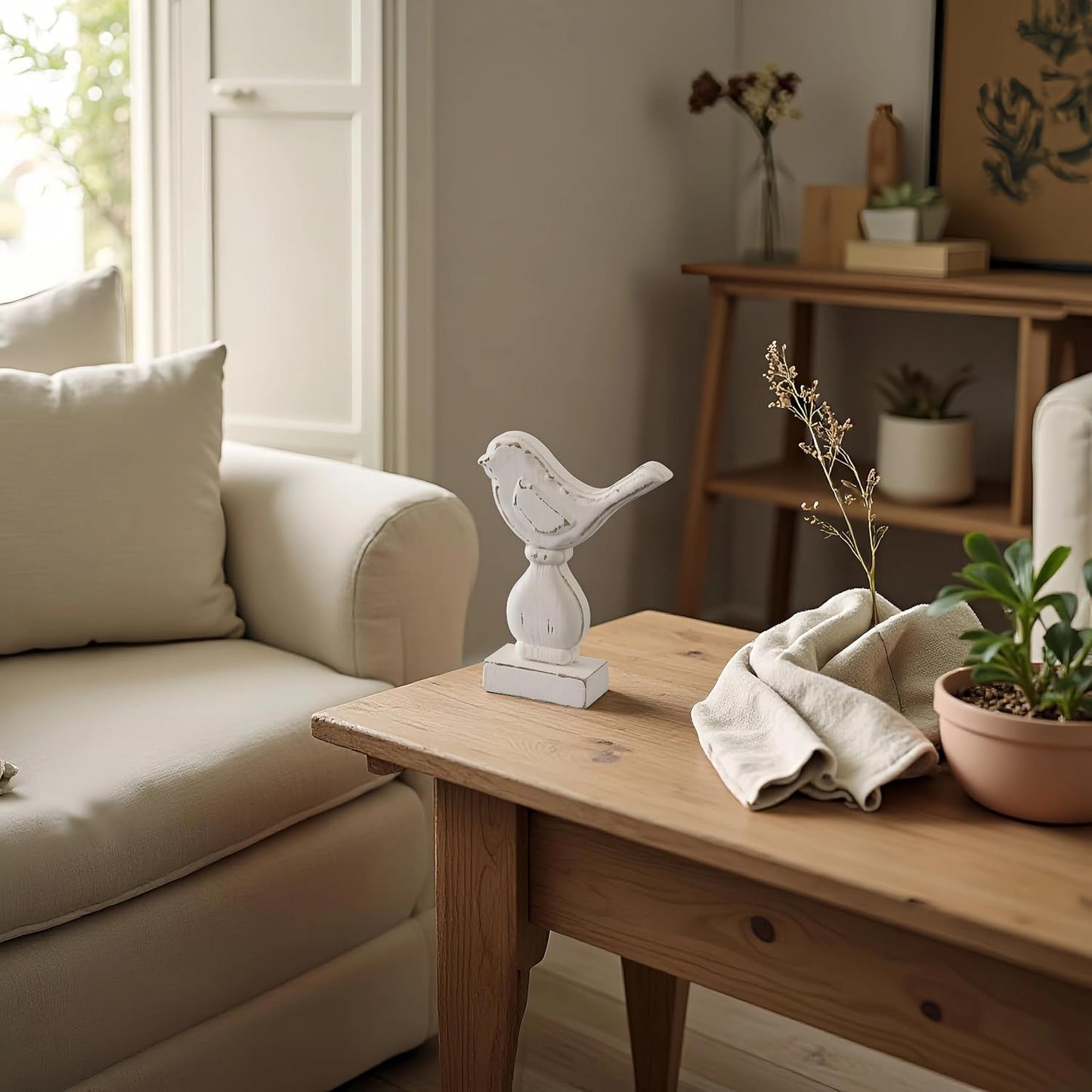 Farmhouse Small Bird Figurines Home Decor / White / 6 x 8