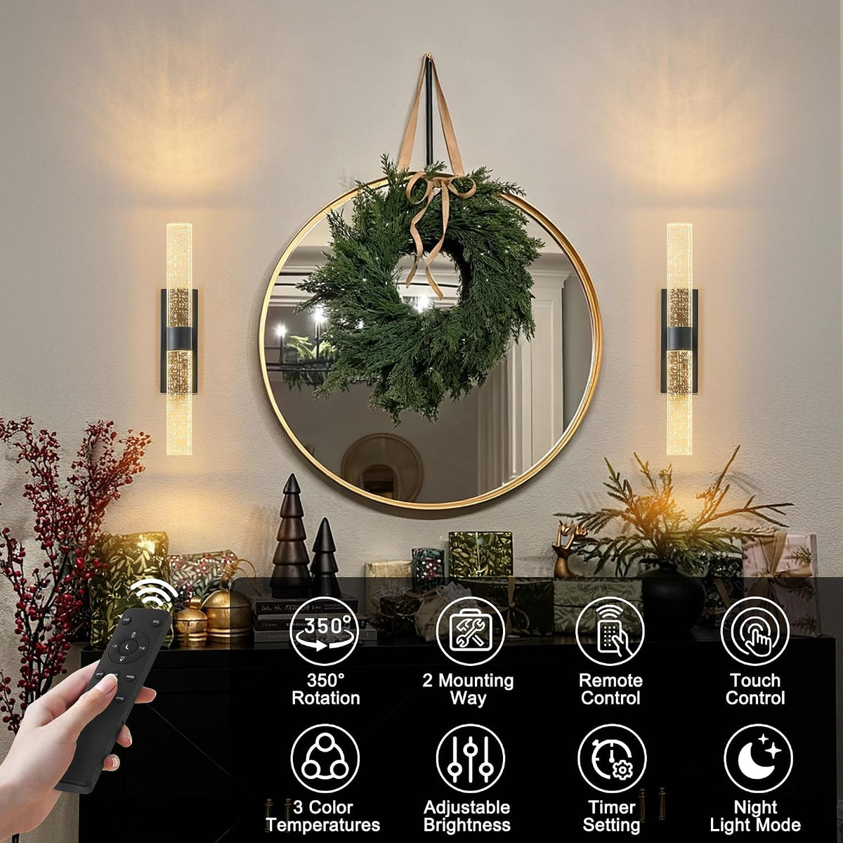 KARTOOSH Battery Operated Wall Sconce Set of Two with Remote Control | Rechargeable Wireless Wall Decor Light, 3CCT