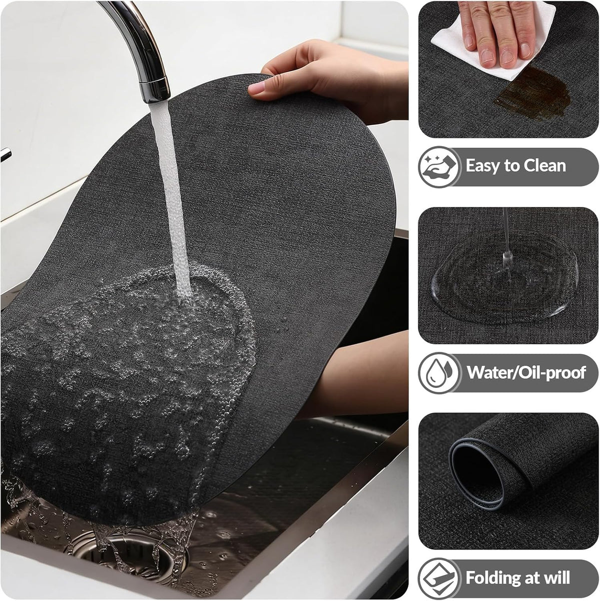 Placemats Set of 6, 11.8 x 17 Inch, Dark Grey | Heat Resistant Oval Faux Leather Place Mats, Waterproof Wipeable