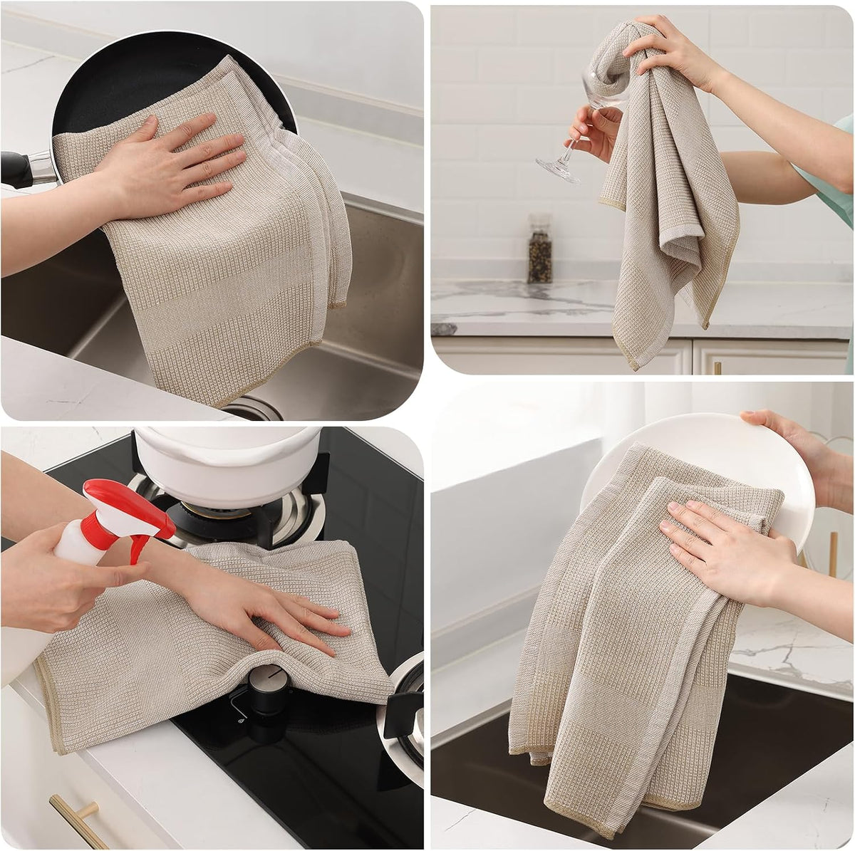 Mordimy Premium Large Cotton Kitchen Towels (18"x 28", 12 Pack), Khaki | 100% Ring Spun Cotton, Super Absorbent, 380