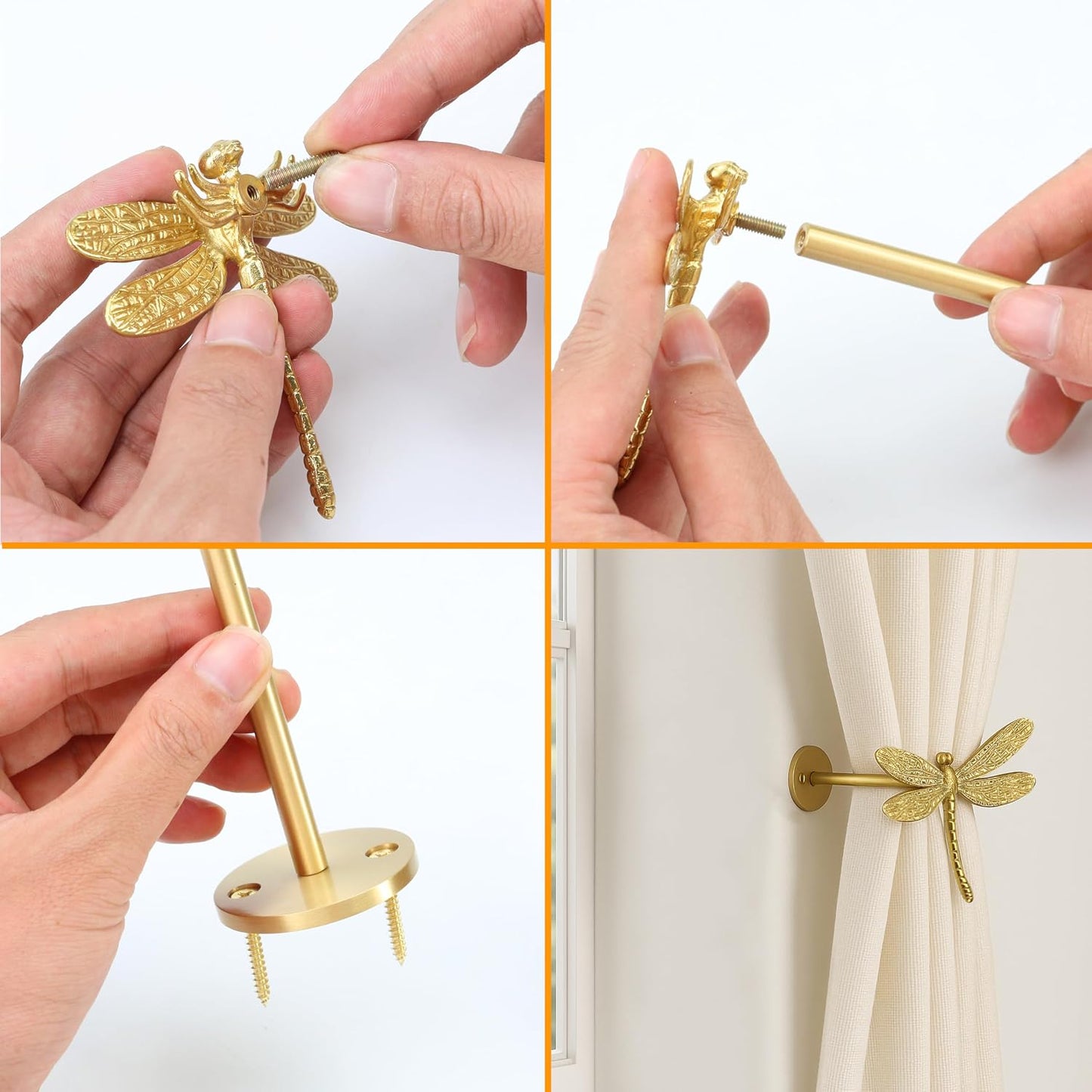 Set of 2 Dragonfly Curtain Holdbacks, Swag Holders for Windows, Antique Brass Curtain Tieback Wall Hook Pull Backs for