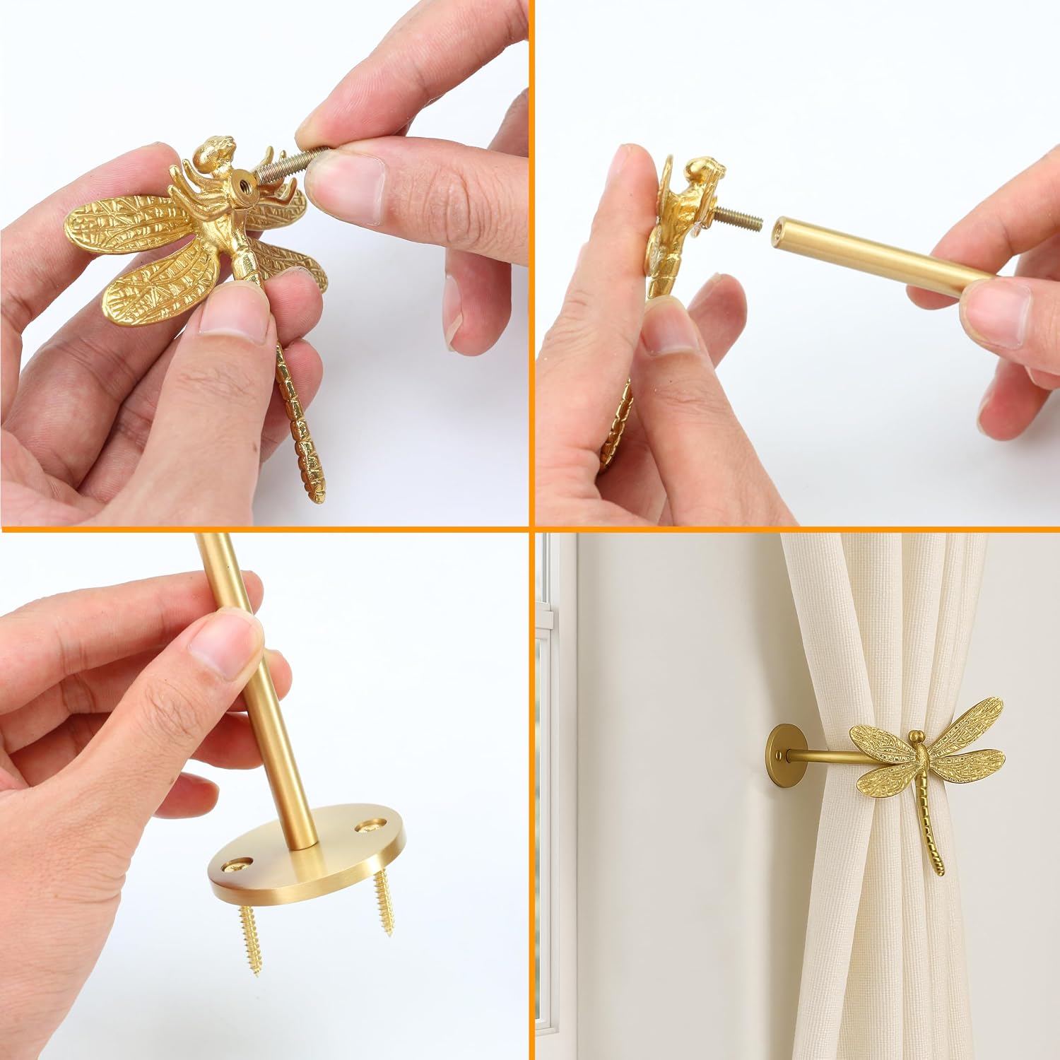 Set of 2 Dragonfly Curtain Holdbacks, Swag Holders for Windows, Antique Brass Curtain Tieback Wall Hook Pull Backs for