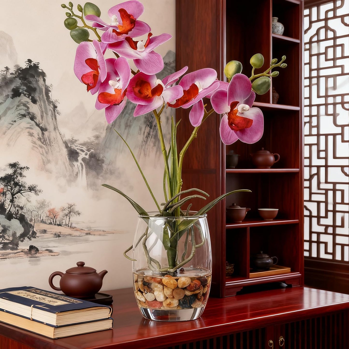 Artificial Purple Orchid in Glass Vase / Glass-purple