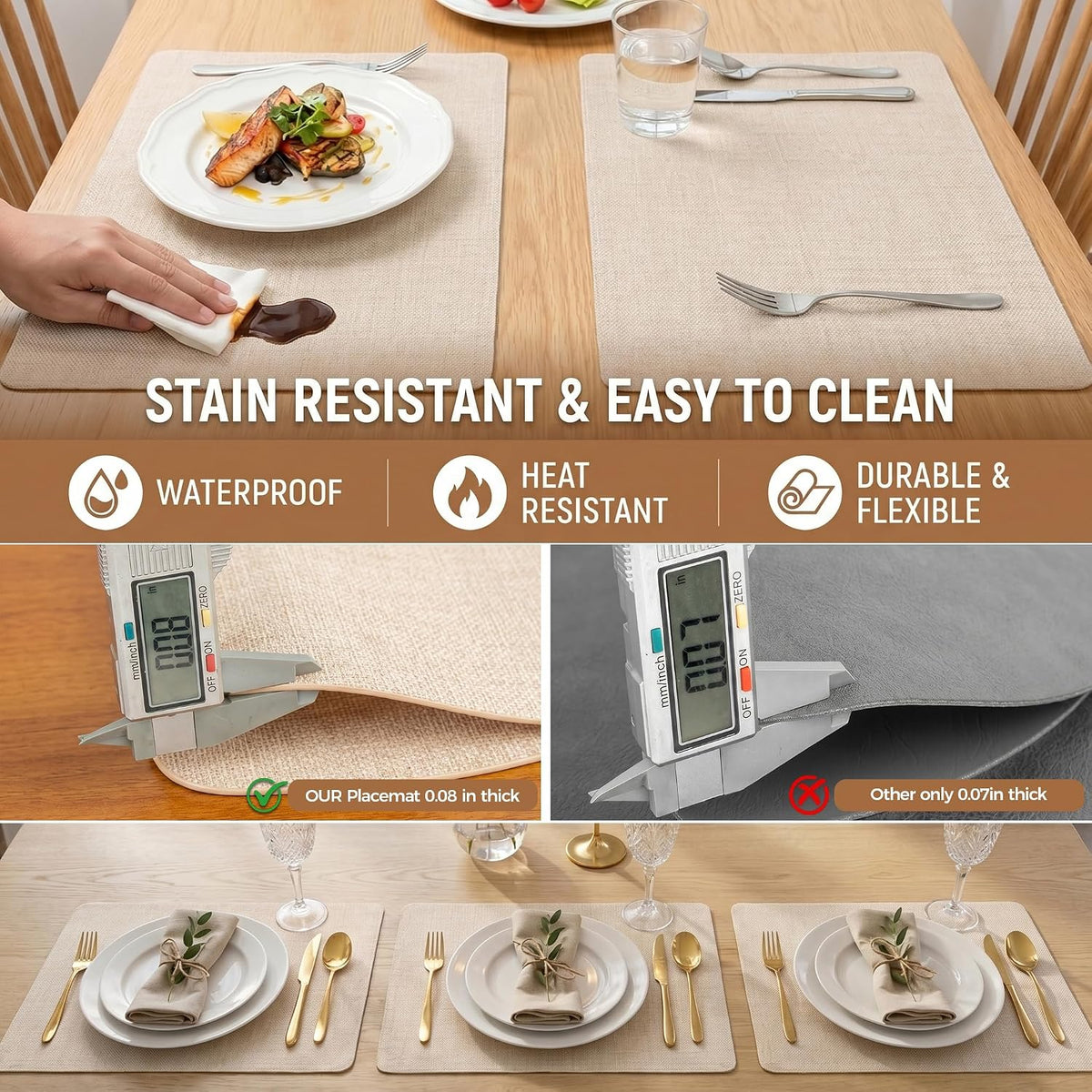 Faux Leather Placemats Set of 6, Wipeable Waterproof Stain Resistant Table Mats, Heat Resistant Thick Placemats with