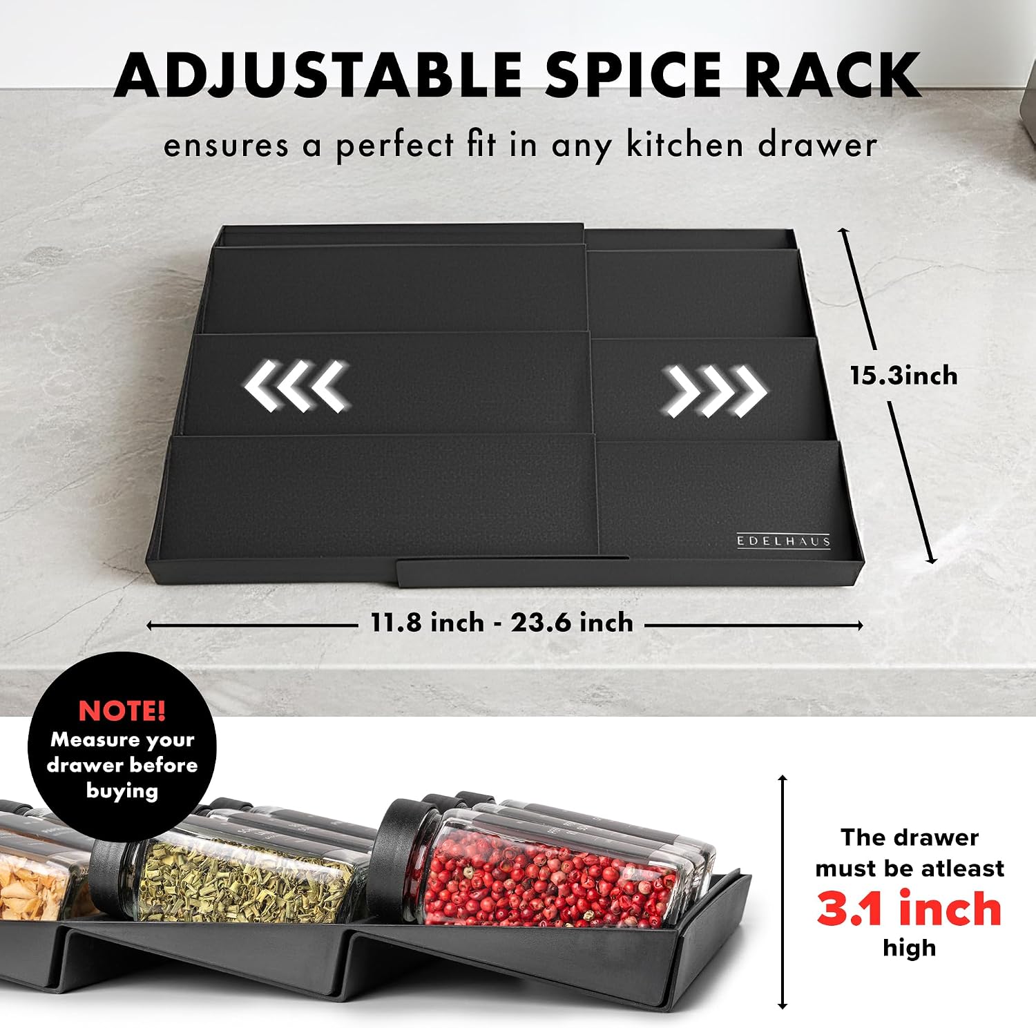 Spice Drawer Organizer - Expandable Spice Rack for Drawer, Black Seasoning Organizer for Drawer Spice Organizer, Spice