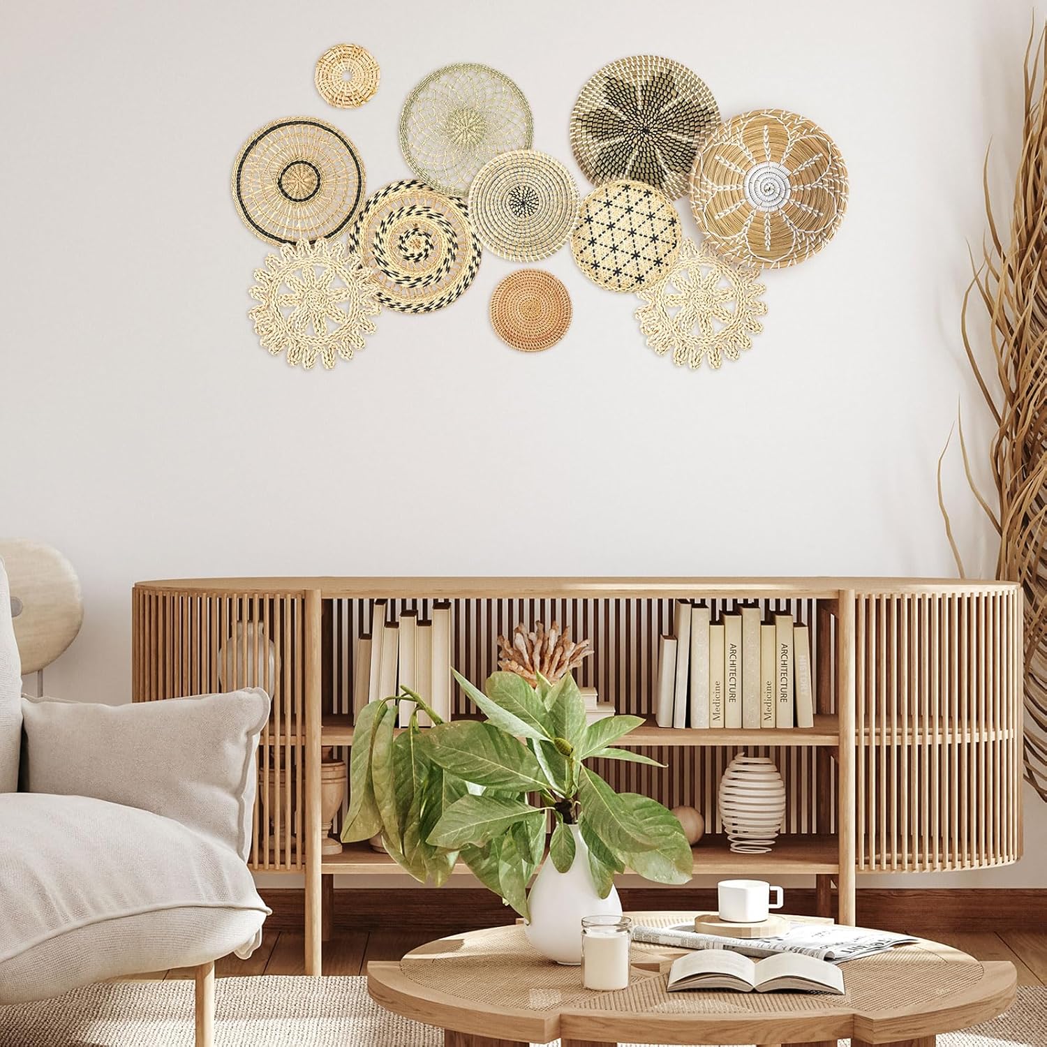 Boho Wall Basket Decor Bulrush Woven Wall Hanging Art Round Farmhouse Rustic / Vivid / Set of 11