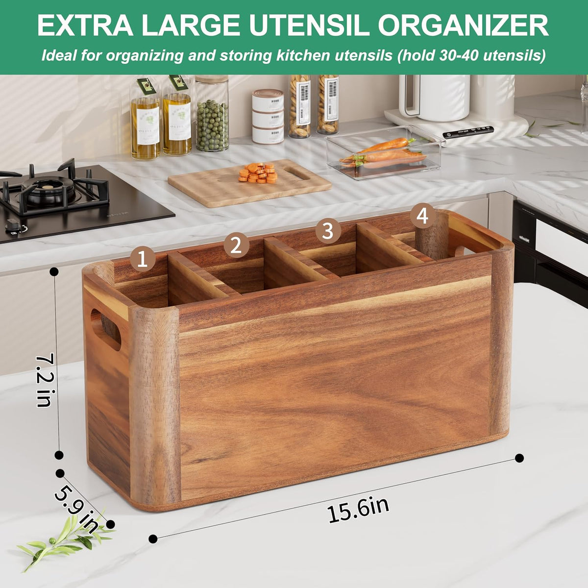 ZUJJAFY Utensil Holder, Acacia Wood Kitchen Utensil Holder for Counter with 4 Compartments, Extra Large Wooden Kitchen
